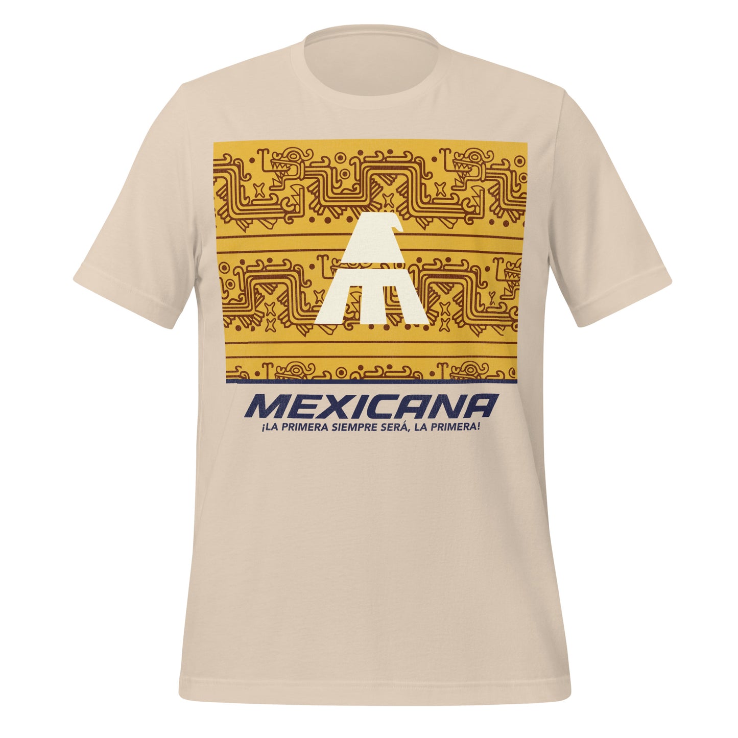 A soft cream retro short sleeve t-shirt including the golden eagle logo of the airline Mexicana de Aviación on a yellow background of brown dragon designs. Text says "Mexicana ¡La primera siempre será, la primera!"