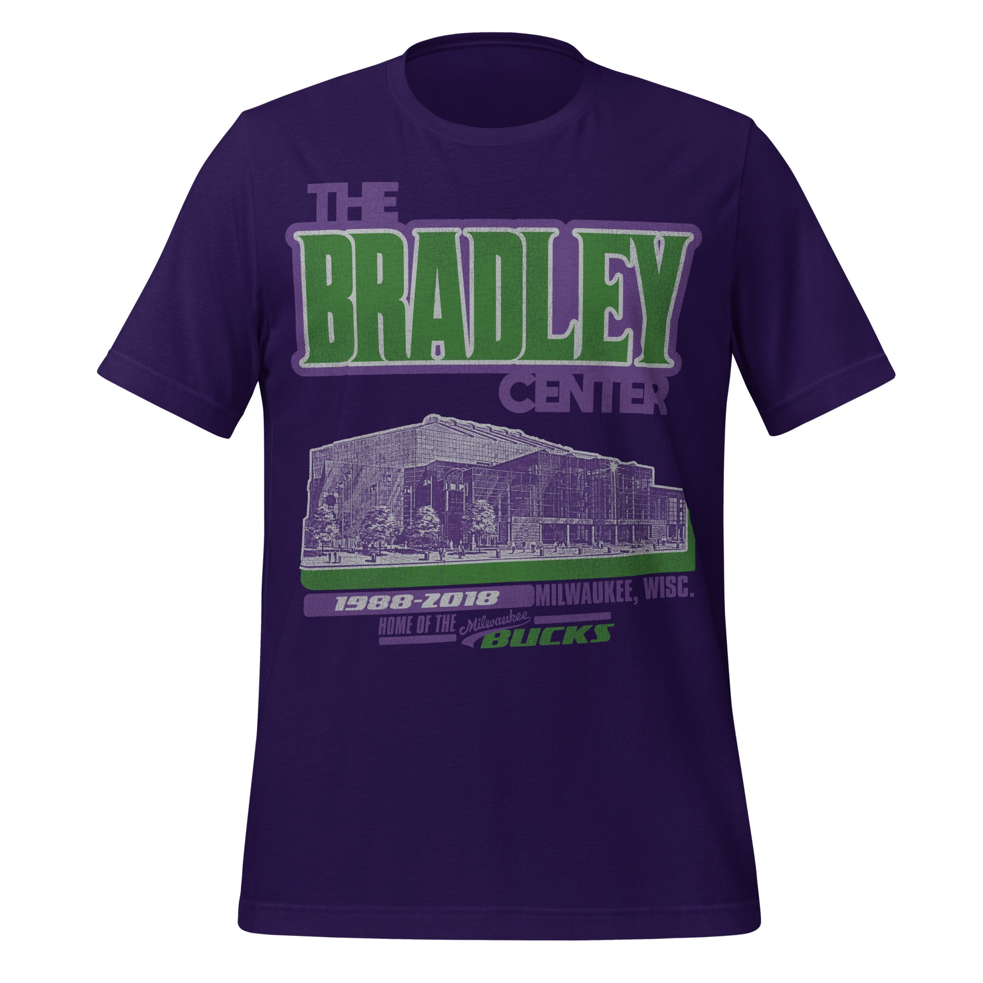 A purple short sleeved retro t-shirt that says "The Bradley Center" in Green and purple, the colors of the Bucks. Says Home of the Milwaukee Bucks, the NBA team, 1988-2018, and Milwaukee, Wisc.