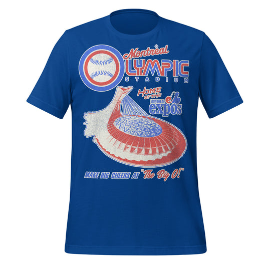 A retro royal blue short sleeved Montreal Olympic Stadium t-shirt. Image of a baseball for the "O" in "Olympic" and a baseball stadium in red, white, and blue, which served as the "Home of the Montreal Expos", the first MLB team outside of the US. Says Make big cheers at "The Big O!"
