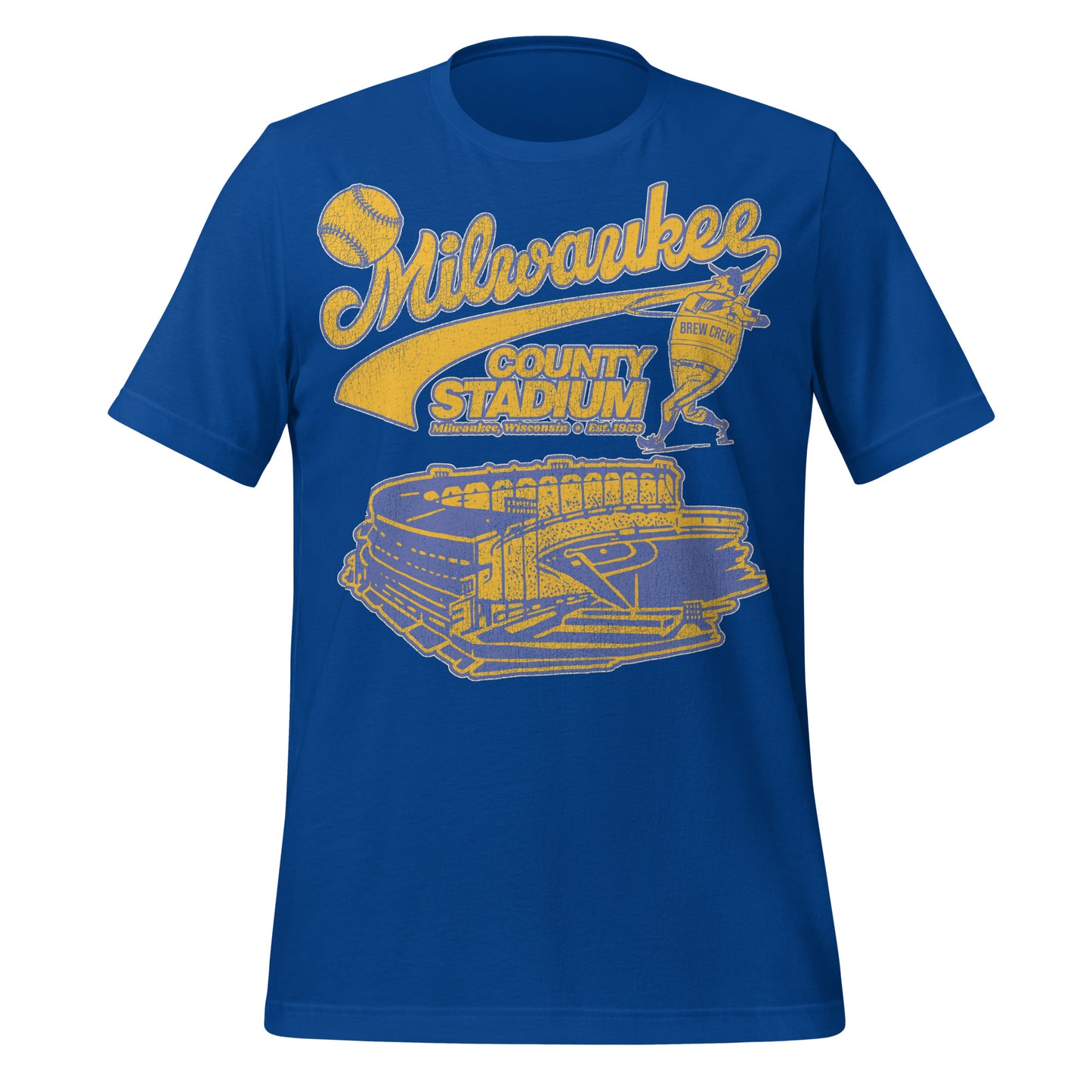 A vintage true royal Milwaukee County Stadium t-shirt for travel. Says Milwaukee, Wisconsin and Est. 1953 and has an image of a Milwaukee Brewers baseball player wearing a "Brew Crew" jersey and baseball helmet, swinging a baseball bat and hitting a home run above an image of the stadium in blue and yellow, colors of the Brewers.