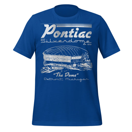 A royal blue 70s style t-shirt that says "Pontiac Silverdome", "Est. 1975", "The Dome", and "Detroit, Michigan". Image of a huge stadium. Served as the home of the Detroit Lines from 1975-2001 and the Detroit Pistons from 1978-1988.