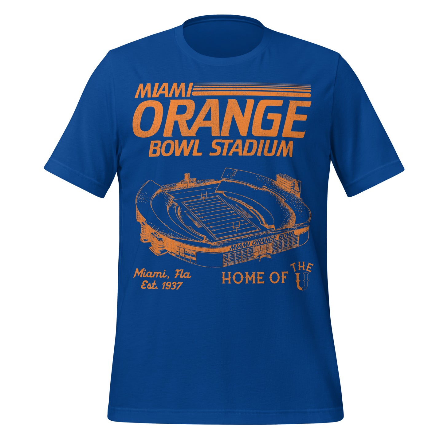 A royal blue short sleeve retro t-shirt that says "Miami Orange Bowl Stadium" with an image of the stadium in orange colors that says "Miami Orange Bowl". Shirt also says the location "Miami, Fla." and "Est. 1937" and "Home of the U", referencing that the University of Miami Football team used the stadium for home games until 2007.