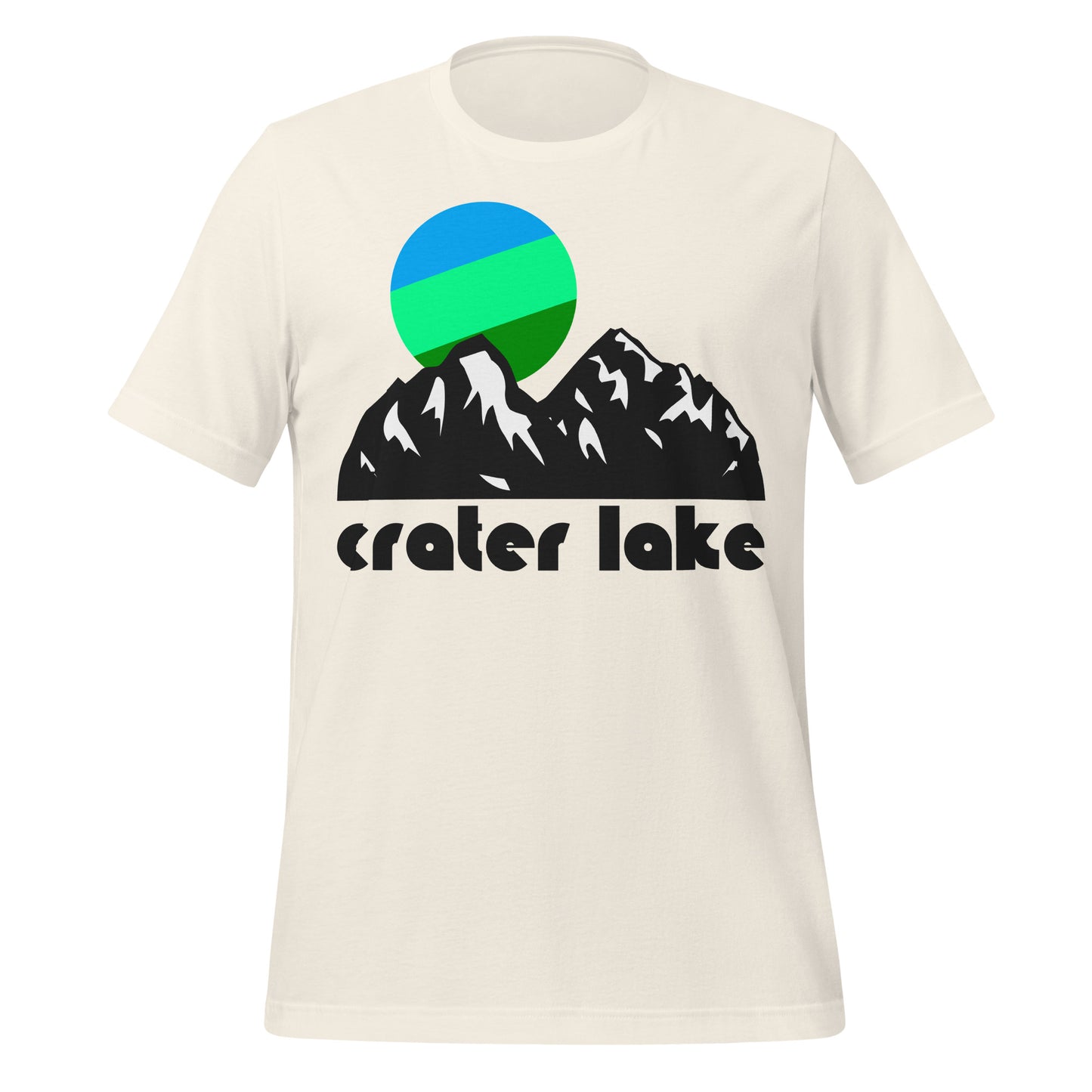 A 70s style vintage white colored t-shirt that says "Crater Lake" with the picture of a couple mountains with crags and peaks and a striped cool toned sun hanging in the sky. References Crater Lake National Park, located in Oregon state, known for having the deepest lake in the USA, a volcanic lake created by the eruptions and collapse of Mount Mazama.