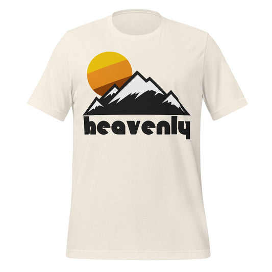 A 70s style, souvenir "Heavenly" vintage white colored t-shirt with the image of multiple snowy mountains and a warm colored sun rising behind the mountain peaks, representing the Sierra Nevada Mountain Range. References Heavenly Ski Resort, also known as Heavenly Mountain Resort, a popular destination with ski and snowboard runs on the shores of Lake Tahoe.