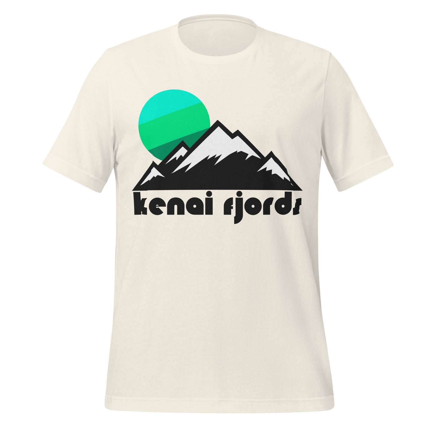A retro, souvenir Kenai Fjords National Park vintage white colored t-shirt with a mountain landscape and green/blue stylized sun image above the words "kenai fjords", representing the national park's location in Alaska's Kenai Mountains and Harding Icefield.