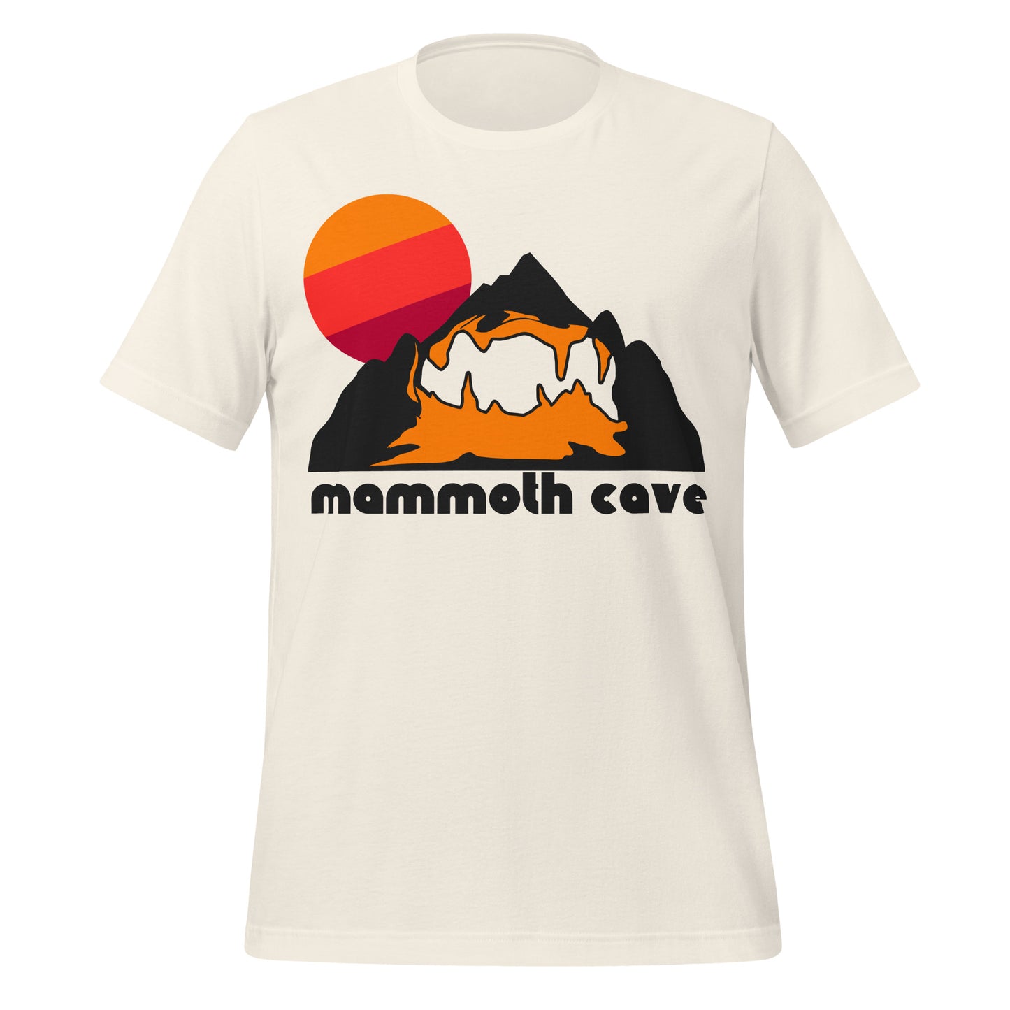 A vintage white colored 80s style Mammoth Cave National Park t-shirt that says "mammoth cave" under the image of a black mountain with an orange inside and a cave trail carved out, an orange/red/magenta sun setting in the top corner of the shirt.