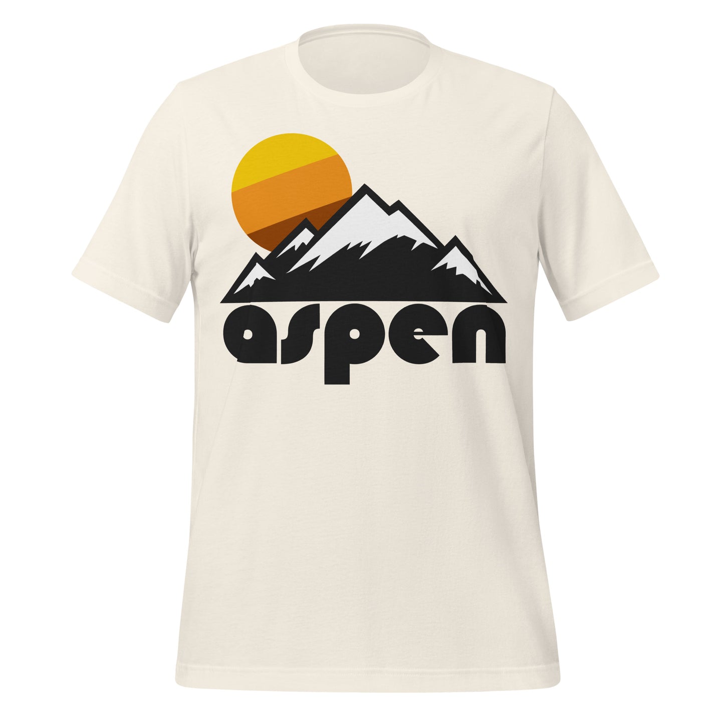 A souvenir, 80s style "Aspen" vintage white colored t-shirt with an image of a mountainous landscape, all the mountaintops covered with snow, and a beautiful warm toned sun setting in the distance. References the town Aspen, Colorado, in the rocky mountains, popular for those taking ski and snowboarding trips as it has many resorts as well as hiking trails.