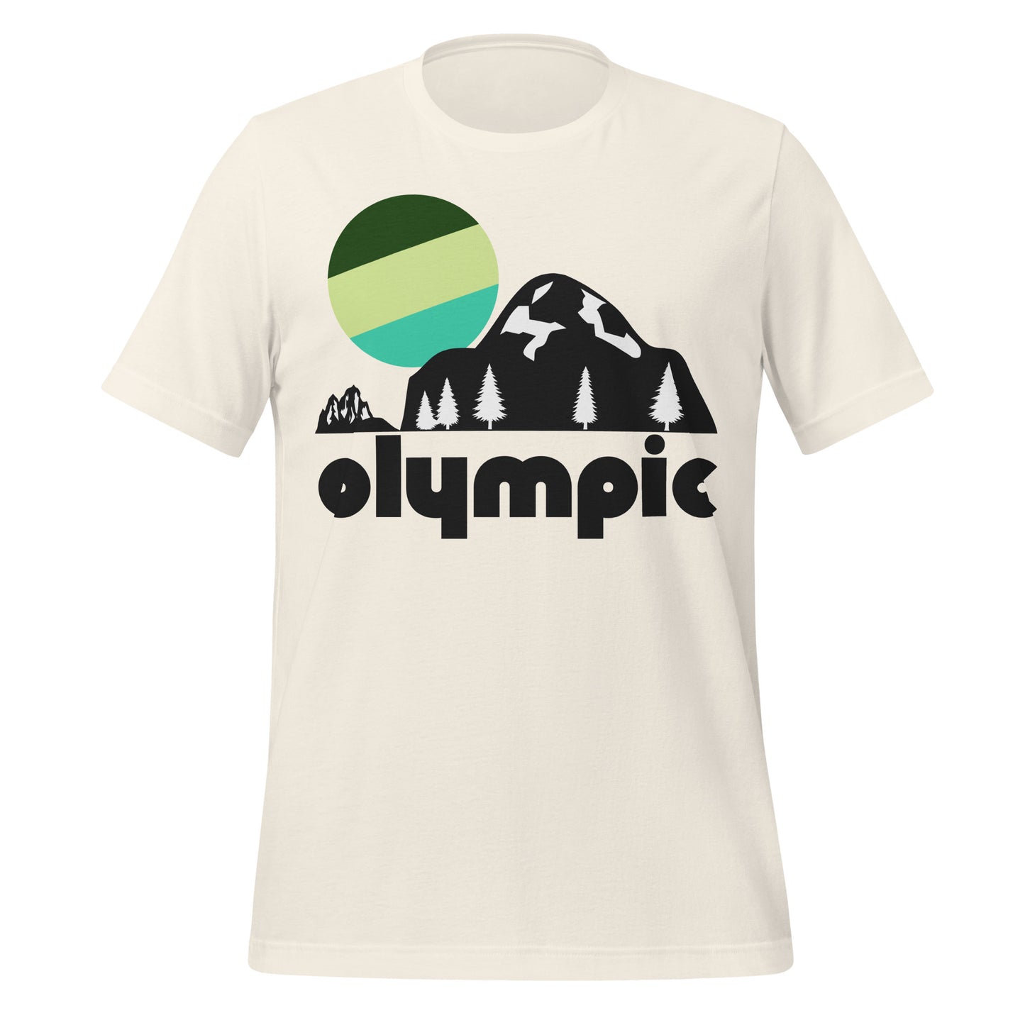 A retro, 70s style vintage white t-shirt that says "olympic" underneath the image of a large mountainous landscape with stunning pine trees and a tricolored green and blue sun. References Olympic National Park in Washington State, near Seattle, known for its rainforests, coastal and beach hikes, and incredible Olympic Mountains including one named Mount Olympus.