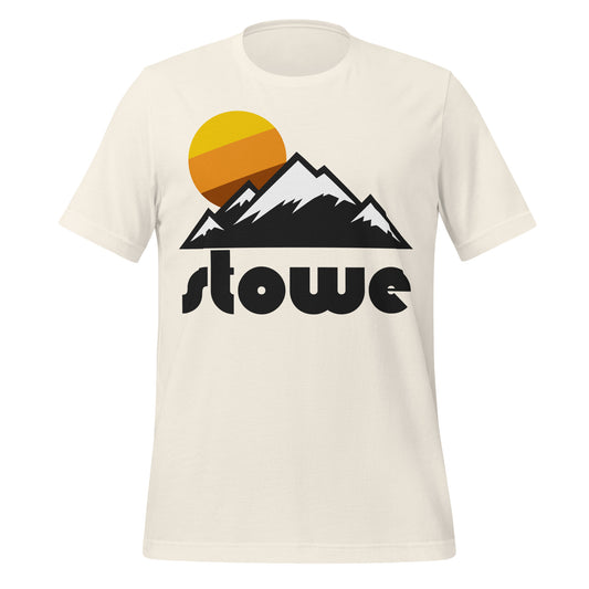 A 70s style, tourist "Stowe" t-shirt with the image of snow covered peaks - representative of Mount Mansfield and Spruce Peak - with a tricolored warm toned sun rising. References Stowe Mountain Resort in Vermont, known for skiing and snowboarding.
