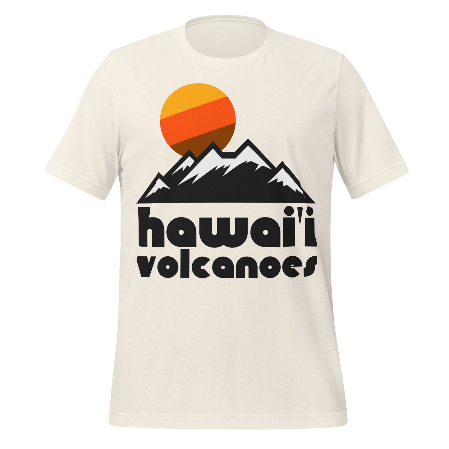 A vintage white colored, 70s style "Hawai'i Volcanoes" travel t-shirt including the image of mountains a striped yellow, brown, and orange sun setting in reference to Hawai'i Volcanoes National Park on Hawai'i Island, known for Kīlauea Volcano, the Mauna Loa Volcano, the Crater Rim Drive, and Halema'uma'u Crater.