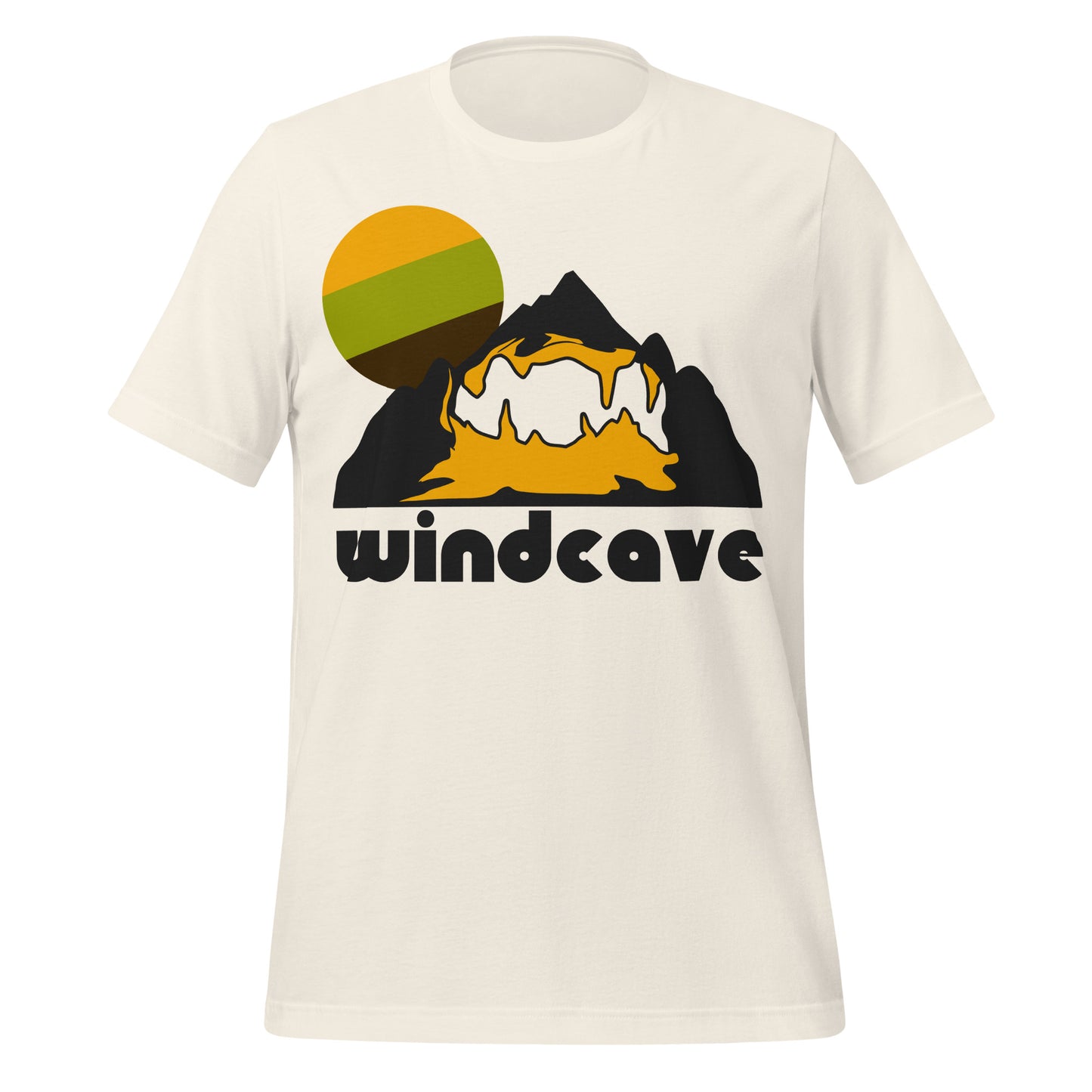 A vintage white, souvenir "Wind Cave" t-shirt referencing Wind Cave National Park in South Dakota, one of the largest mapped cave systems in the world and the sixth longest cave in the world. Image of a cave system within a black and yellow mountain and a setting yellow/green/brown sun.