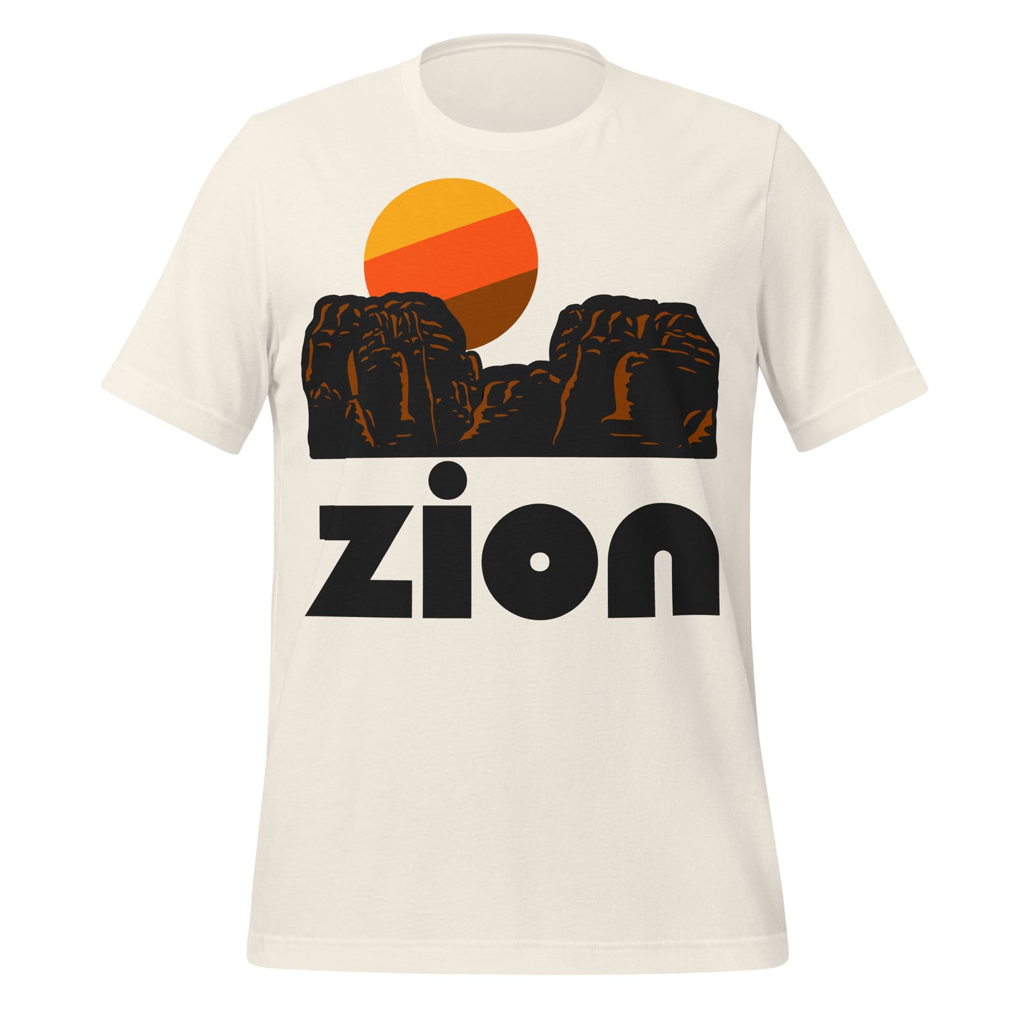A vintage white souvenir Zion National Park t-shirt with an image of rocky red mountains with an orange/yellow/brown sun in the backdrop. Located in southwestern Utah and known for its red rock desert, the Navajo Sandstone cliffs, and the Zion Canyon.