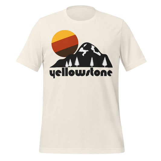 A vintage white 70s style Yellowstone short sleeved t-shirt with images of rocky mountains, pine trees, and a rising tricolored sun. Refers to the national park, known for the Norris Geyser Basin, Old Faithful Geyser, Grand Prismatic Spring, Hayden Valley, and Mammoth Hot Springs.