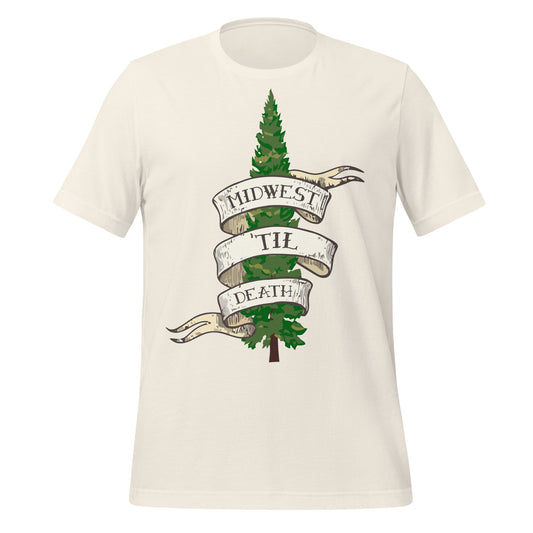 A vintage white colored touristy short sleeve t-shirt that says "Midwest 'Til Death" on a retro style banner wrapped around an evergreen, triangular tree often found in forests in the Midwest.