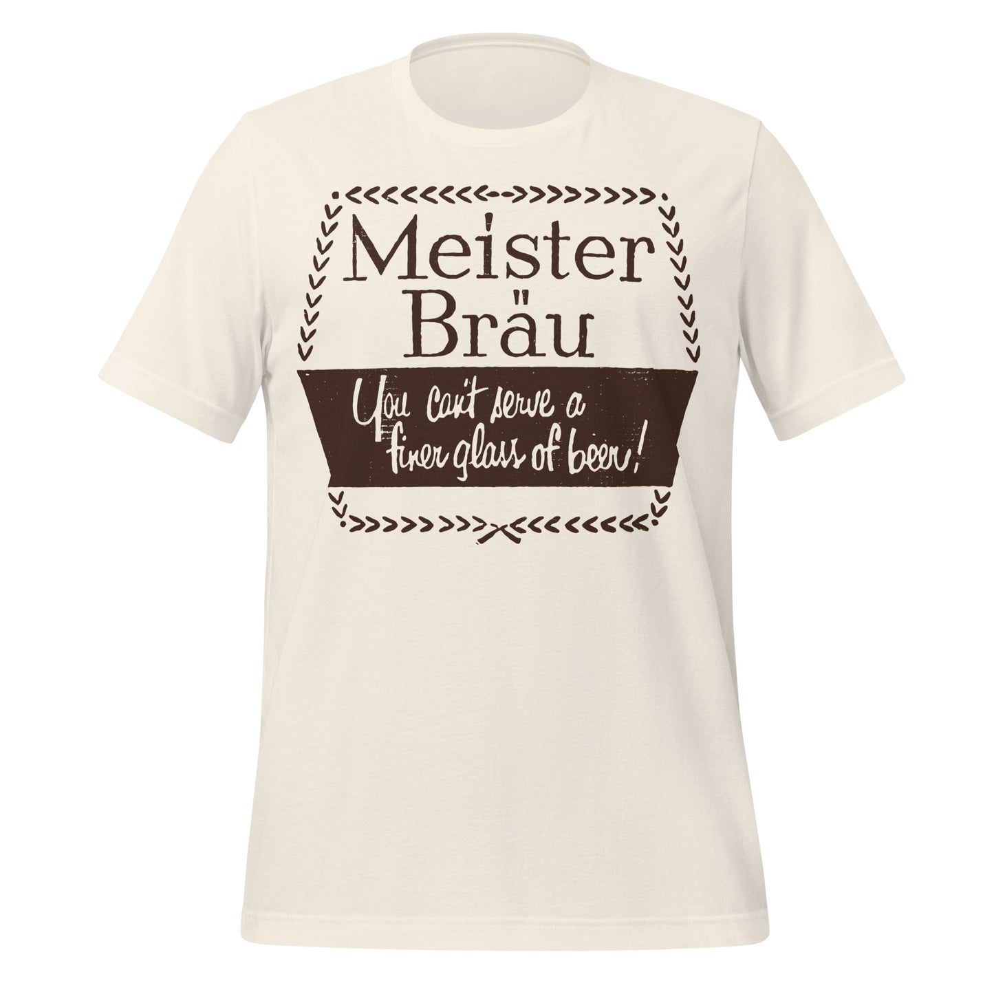 A retro short sleeved Meister Bräu t-shirt that says "You can't serve a finer glass of beer!" References Meister Bräu beer, which is American Adjunct Lager style, and brewed by Miller Brewing Co. originally created by Peter Hand in Chicago.