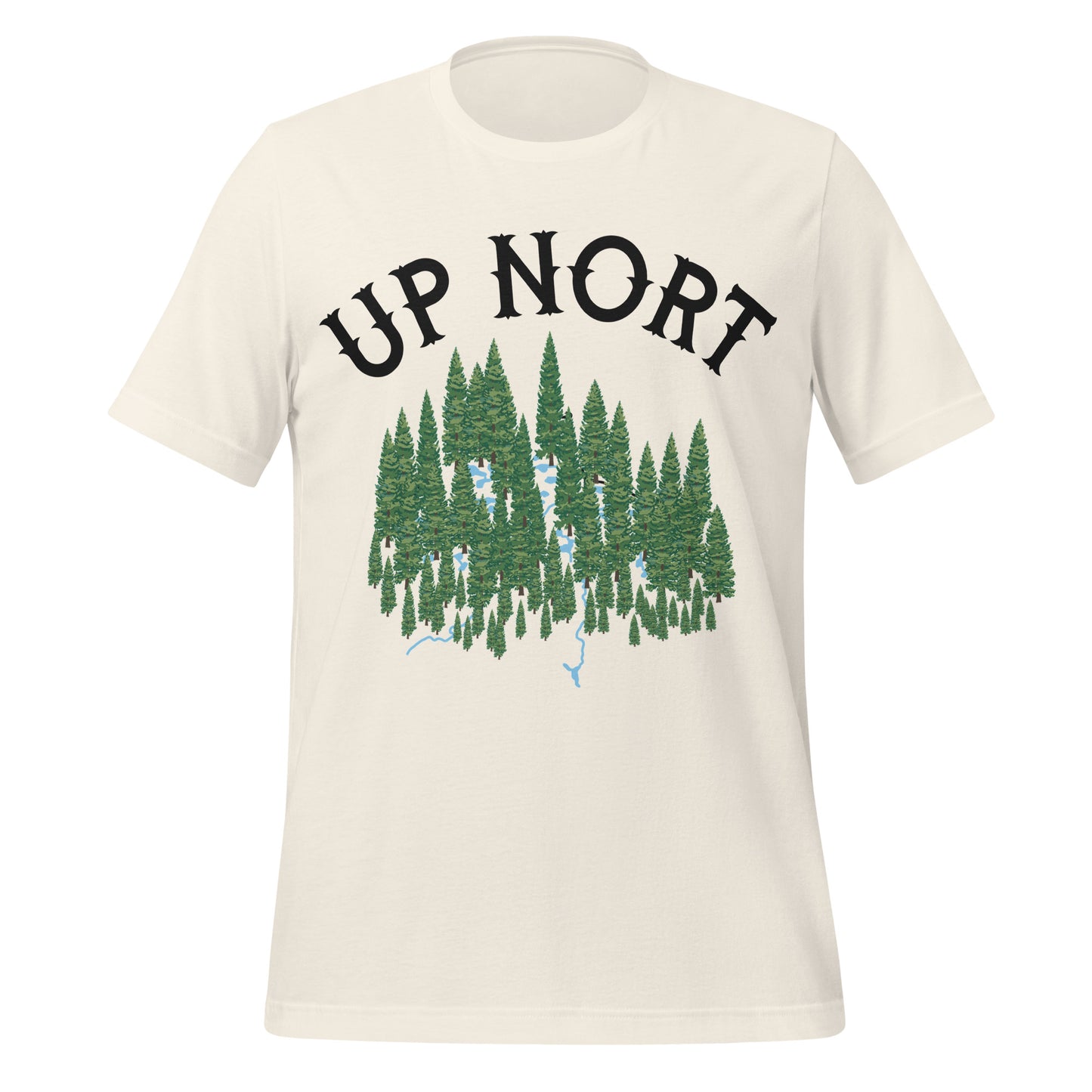 A vintage white colored silly tourist t-shirt that says "Up Nort", referencing the Midwestern accent in the northern regions of WI, MI, MN, and the Upper Peninsula. Includes image of green evergreen forest and rivers snaking through.