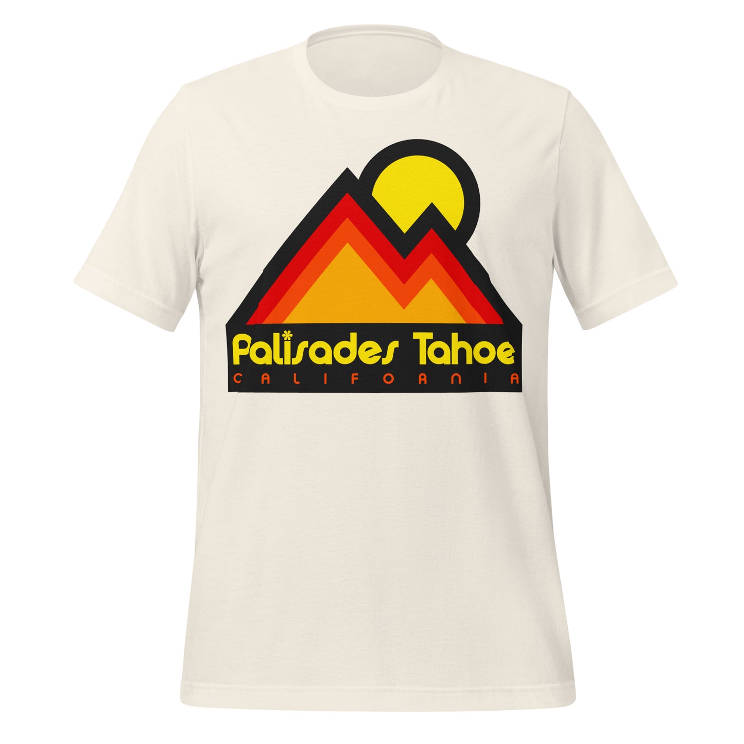 A vintage white colored t-shirt that says Palisades Tahoe, California, a ski resort in the Lake Tahoe region in the Sierra Nevada mountain range, known for the 1960 Winter Olympics and its amazing skiing and snowboarding peaks. Image of mountains and a sun in sunset oranges, reds, and yellows.