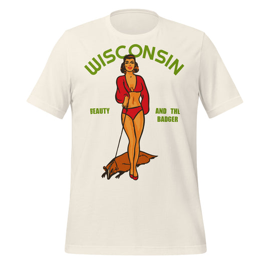 A tourist vintage white Wisconsin t-shirt that "Beauty and the Badger" with a brown haired retro styled women in a red bikini with a badger on a leash, as Wisconsin is known as the 'badger state'.