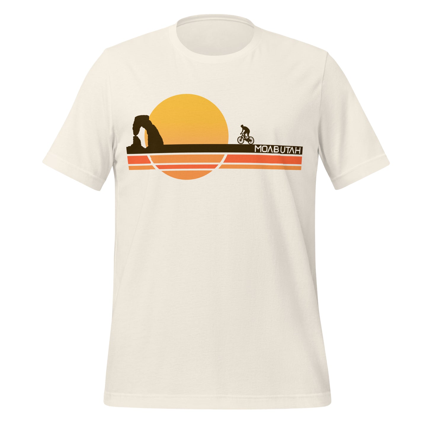 A retro white colored Moab, Utah t-shirt with stripes of orange and yellow, and a sun setting as a bicyclist rides towards Arches National Park and the iconic Delicate Arch, otherwise known as "The Arch", the most famous natural stone arch in the world.