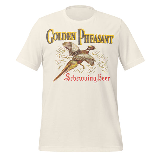A Golden Pheasant white t-shirt that says Sebewaing Beer. Has the famous vintage beer label of a golden pheasant flying. From the 1958-1964 brewing company.