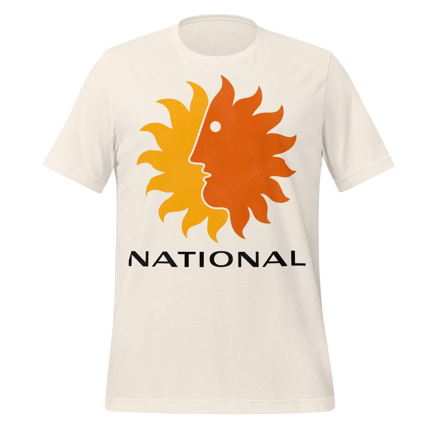 A vintage off-white t-shirt with the National Airlines logo used in the 60s and 70s of a sunburst, half of it yellow, half an orange face.