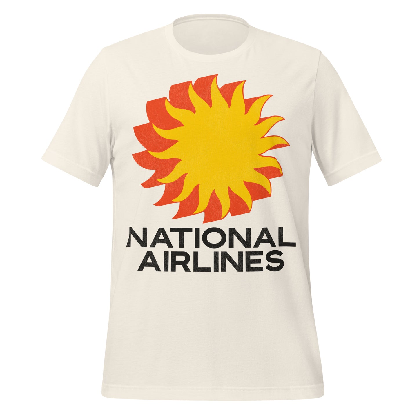 A vintage white short sleeve t-shirt with the words National Airlines and an orange and yellow sun logo.