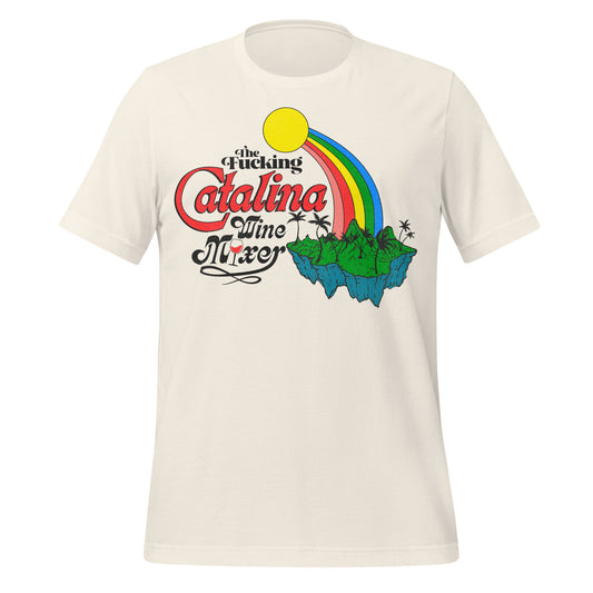 A vintage white t-shirt that says "The Fucking Catalina Wine Mixer" referencing Santa Catalina Island, one of the Channel Islands in California. Has image of green with mountains including Mt. Orizaba, a rainbow, and a bright sun.
