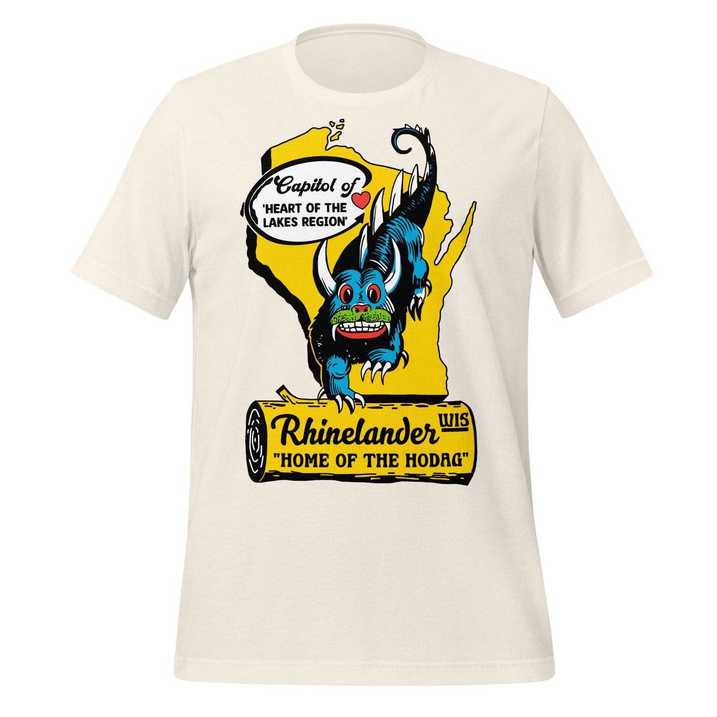 A vintage off-white t-shirt with a yellow map of Wisconsin and a red heart on Rhinelander. Picture of blue horned hodag creature with red eyes and vampire teeth, a mythical lizard monster that haunts the North Woods of Wisconsin. Shirt says "Rhinelander, Wis" and "home of the Hodag" on a yellow log and "Capitol of Heart of the Lakes Region".