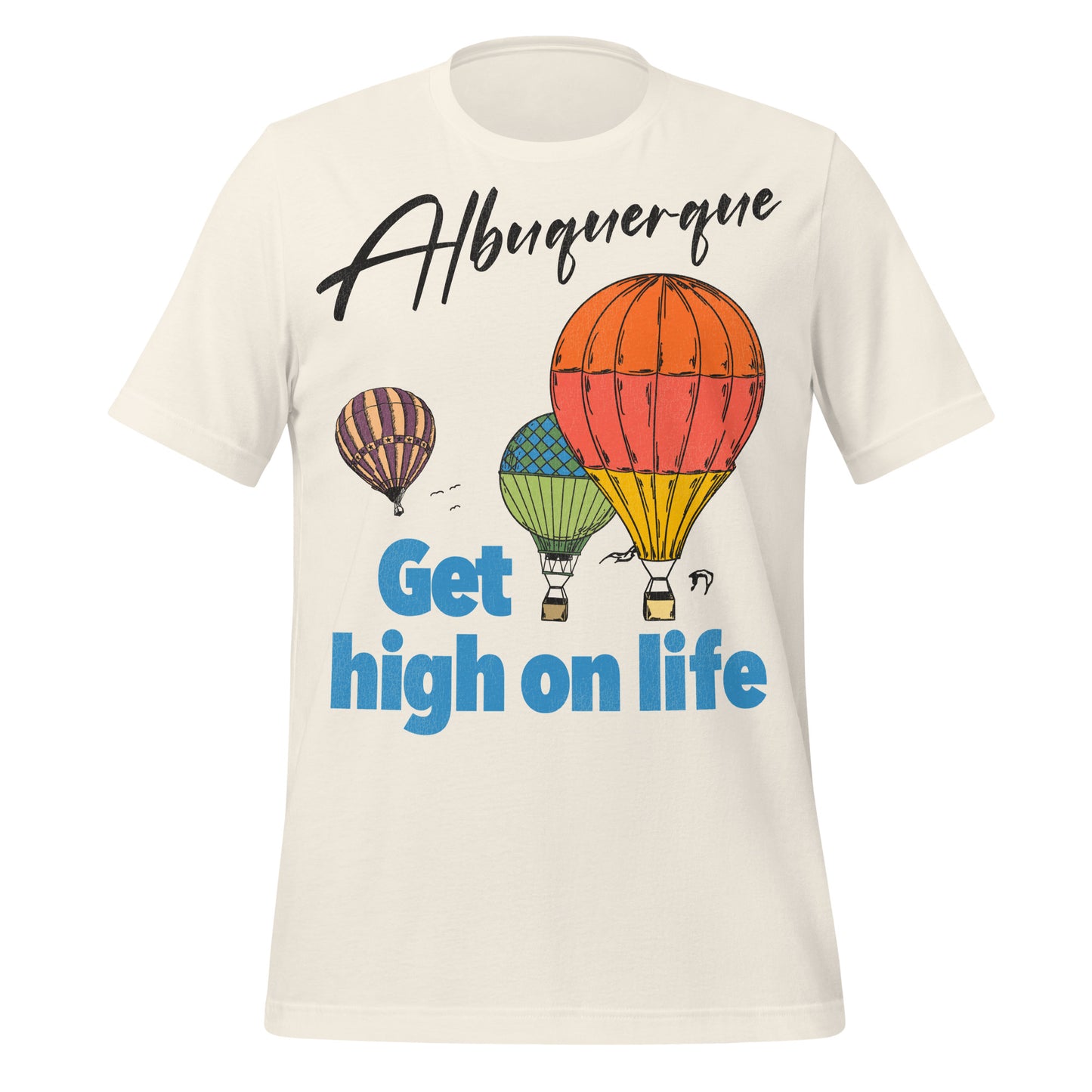 A vintage white travel t-shirt that says Albuquerque and Get high on life with pictures of three brightly colored hot air balloons.
