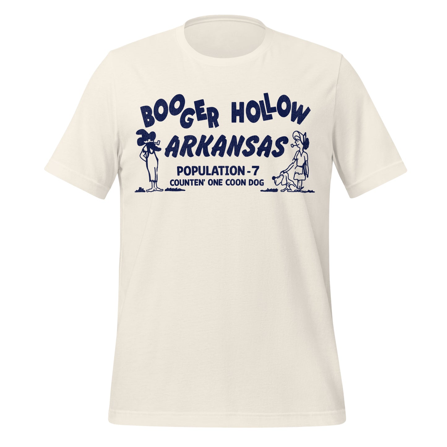 A Booger Hollow Arkansas vintage off-white t-shirt that says "population 7 Counten' One Coon Dog" referring to the haunted former trading post with a man and woman smoking and a dog.