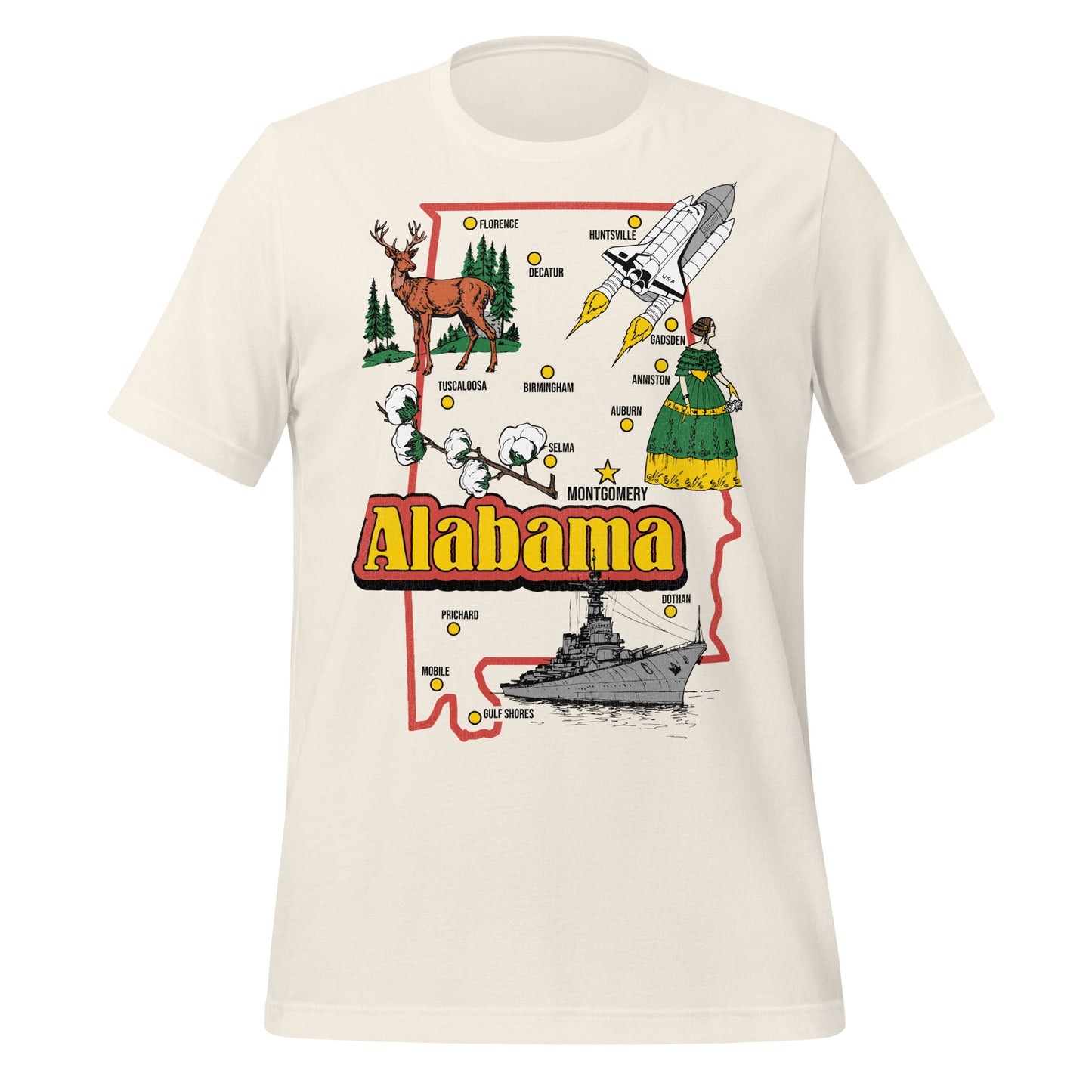 A tourist off white vintage t-shirt with a map of Alabama including Florence, Decatur, Tuscaloosa, Huntsville, Birmingham, Auburn, Anniston, Gadsden, Selma, Dothan, Prichard, Mobile, Gulf Shores, and the capital Montgomery and images of a buck deer, fir trees, a flaming rocket ship, cotton plant, a debutante in a cotillion gown, and a battleship.