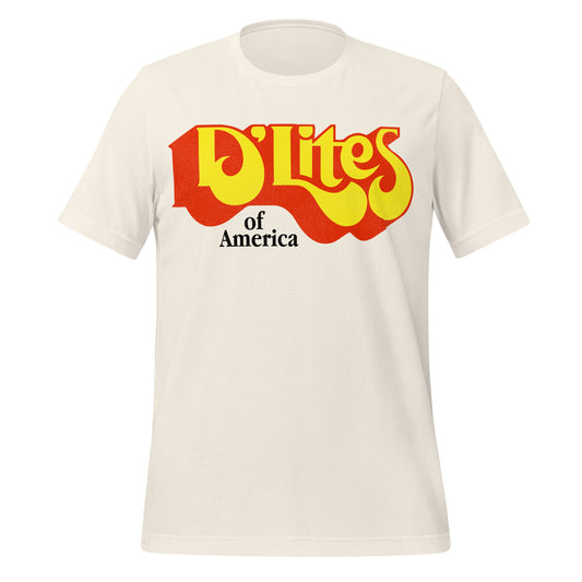 A vintage off-white t-shirt that says "D'Lites" in bright yellow and red and "of America".