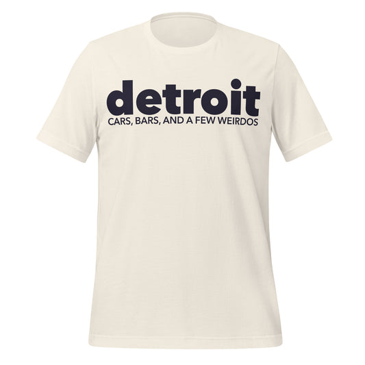 A vintage white short sleeve tshirt with the words "Detroit" and "Cars, Bars, and a Few Weirdos", about Detroit, Michigan.