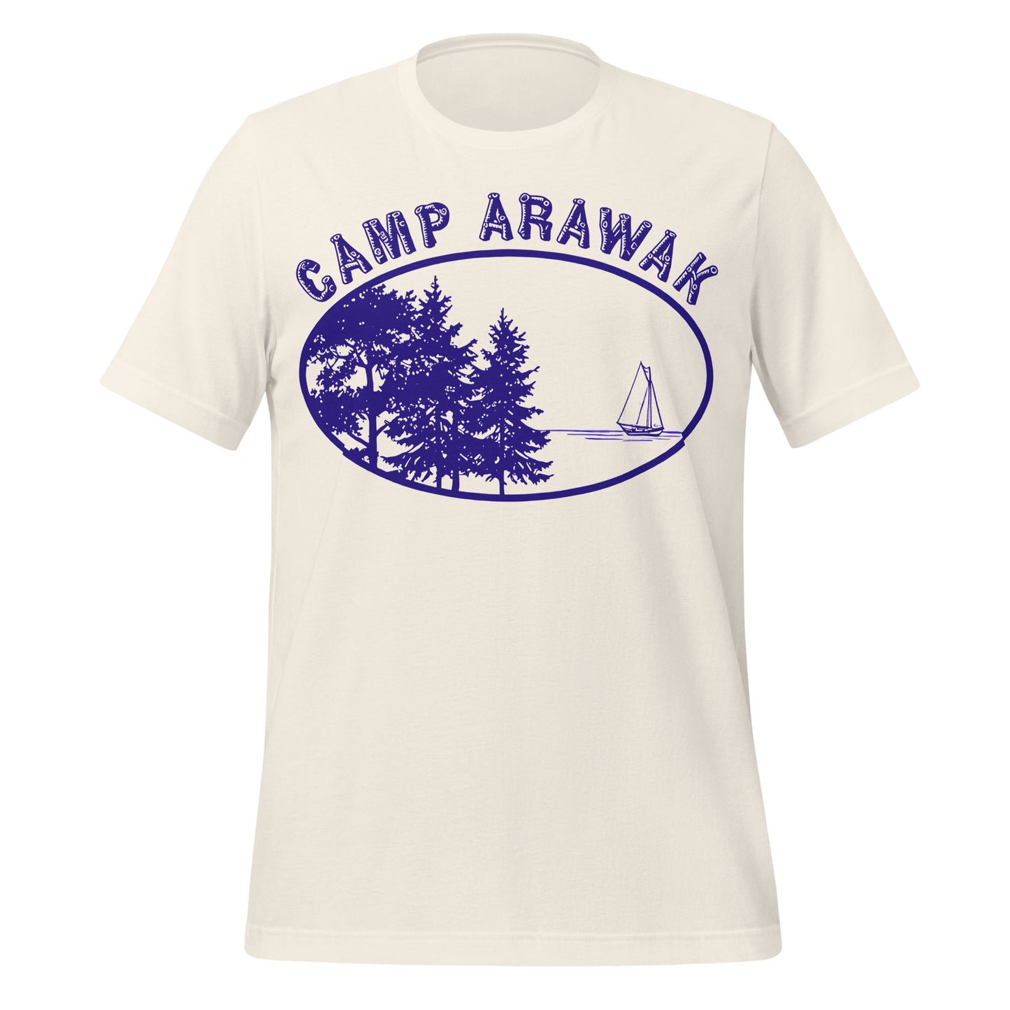 A touristy white vintage tshirt with the words Camp Arawak and an image of trees and a lake with a sailboat. References the movie Sleepaway Camp.