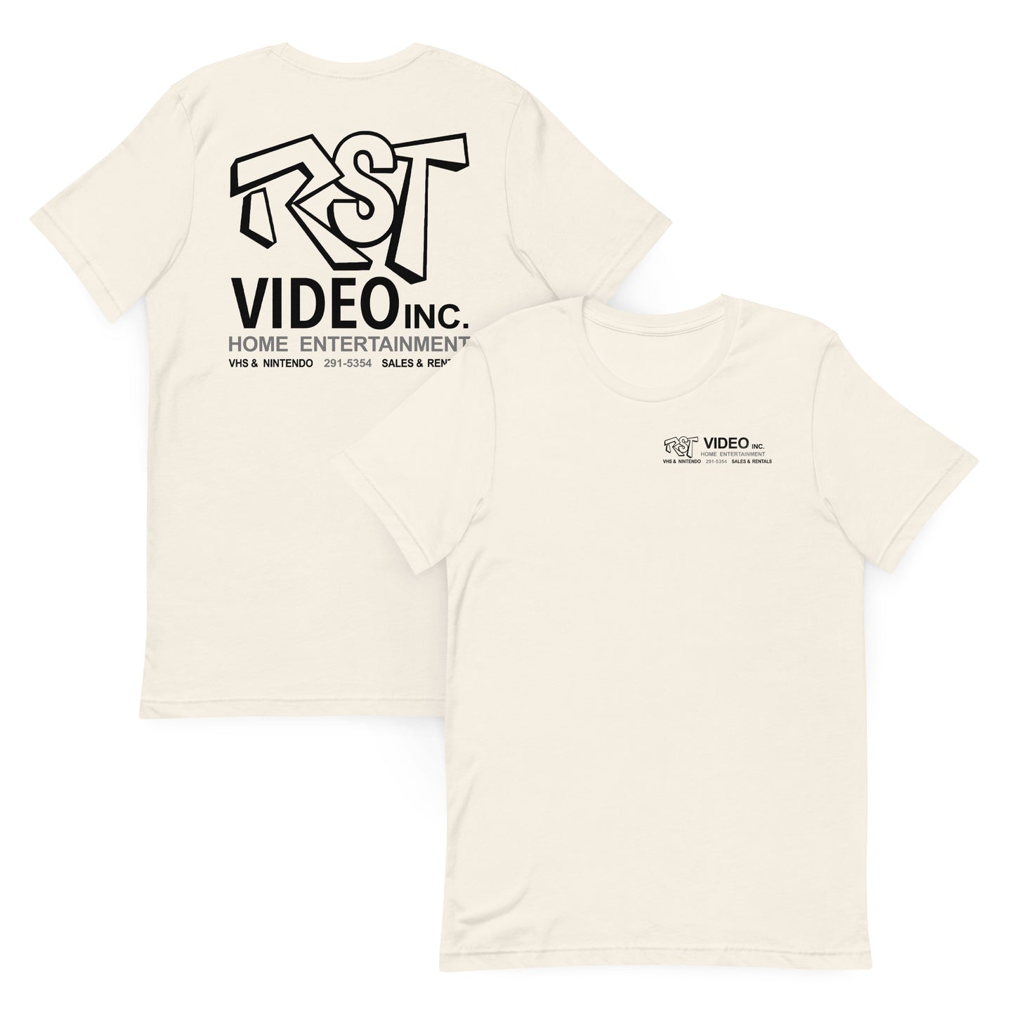 An 80s style vintage white t-shirt with the words "RST Video Inc." in big bold bubble letters, and "Home Entertainment, VHS & NIntendo, Sales & Rentals" and the number "291-5354" on both the back and the front.