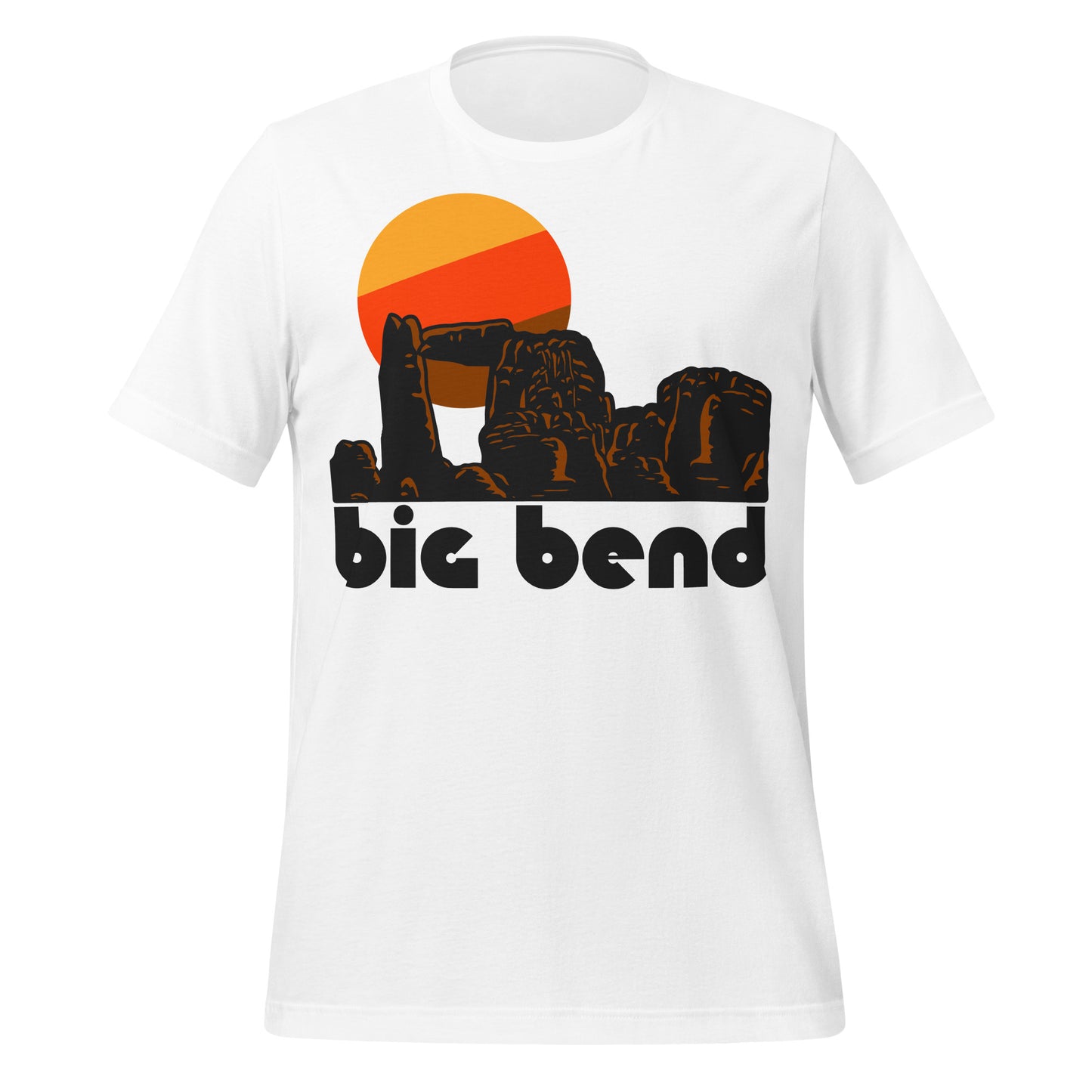 A vintage, souvenir Big Bend t-shirt in the color white with the image of a large, warm toned sun hanging over multiple red rock formations and arches arranged to represent Big Bend National Park in Texas, known for its canyons, beautiful views of the Chihuahuan Desert, including the world famous Rio Grande, with stunning pitch black night skies.