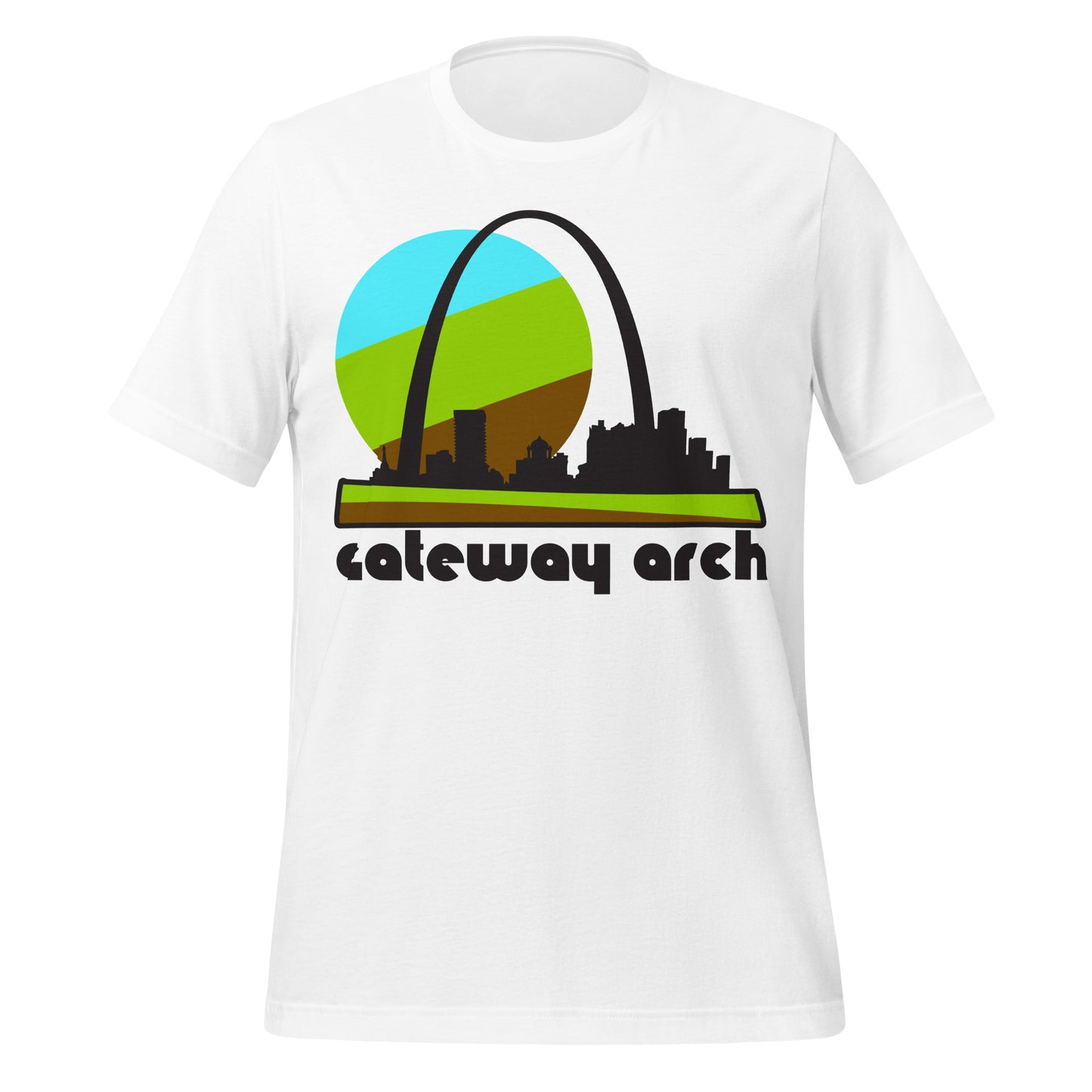 A retro, white colored t-shirt that says 'gateway arch' underneath the image of the famous arch over the top of the St. Louis skyline, a green/brown striped ground representing the Mississippi River, a large green, blue, and brown sun filling the sky. In reference to Gateway Arch National Park, home to the world's tallest arch, some saying it is the tallest human made monument in the Western Hemisphere.