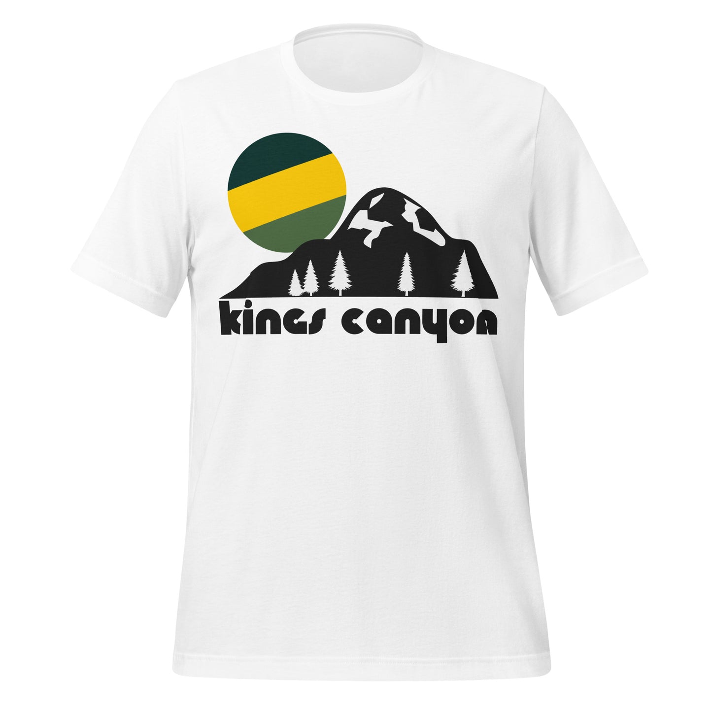A vintage, white colored Kings Canyon t-shirt with an image of a mountain, fir trees, and a tricolored yellow and green setting sun. References Kings Canyon National Park in the Sierra Nevadas of California, famous for having the largest grove of sequoia trees anywhere on earth.
