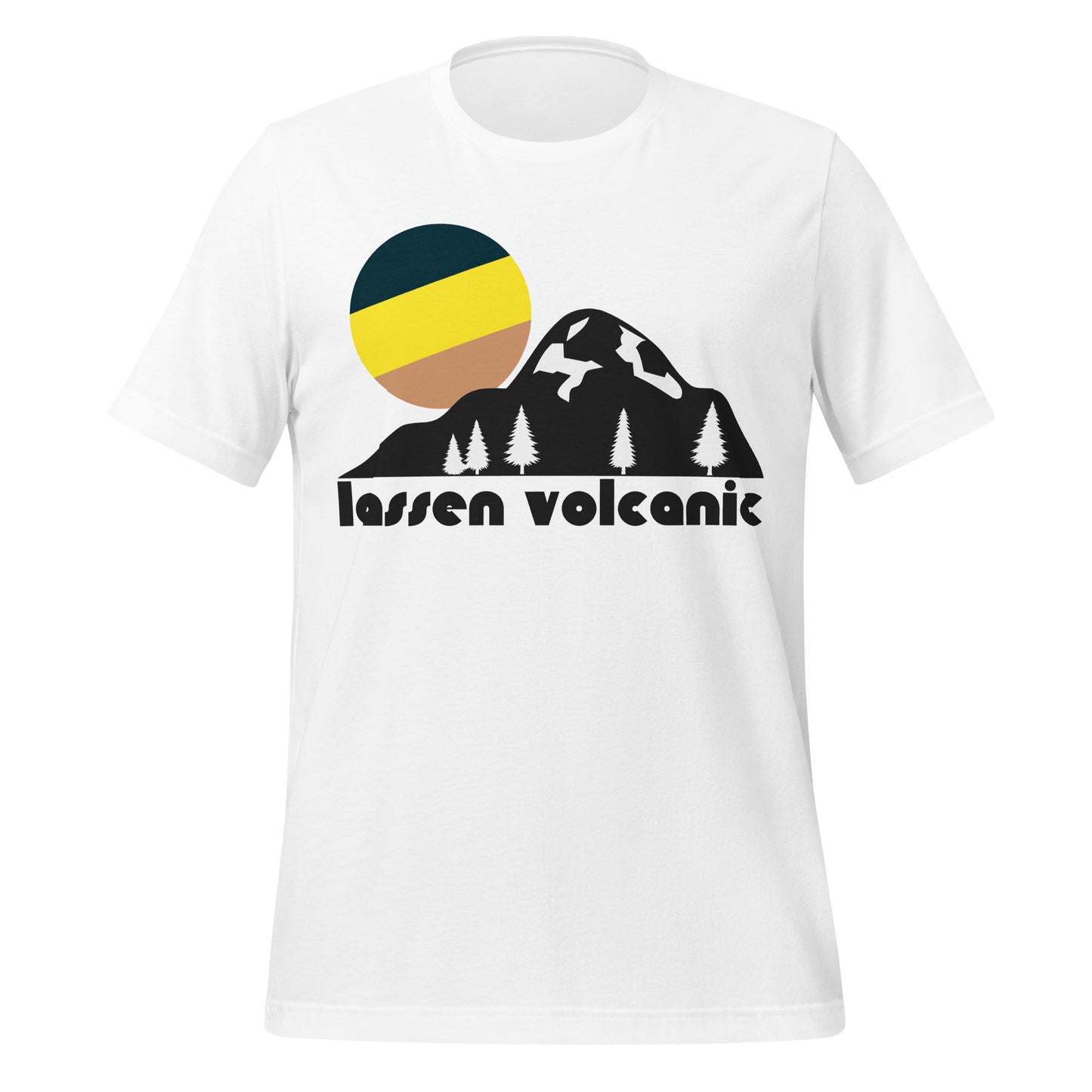 A retro, 70s style white colored t-shirt htat says "lassen volcanic" underneath the image of a black mountain with white fir trees underneath a stylized tricolored sun. References Lassen Volcanic National Park in the Cascade Range of Northern California, famous for Lassen Peak, the largest plug dome volcano in the world and a stunning area for hiking and backpacking.