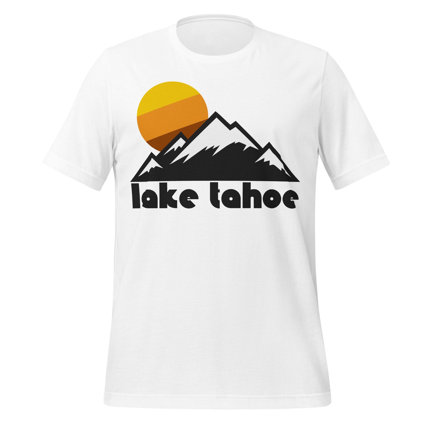 A retro, white colored "Lake Tahoe" t-shirt with a picture of multiple snow peaked mountains under a warm tricolored sun. References the town and lake in the Sierra Nevada Mountain Range, in both Nevada and California, a popular destination for tourists, hikers, backpackers, skiers, and snowboarders.