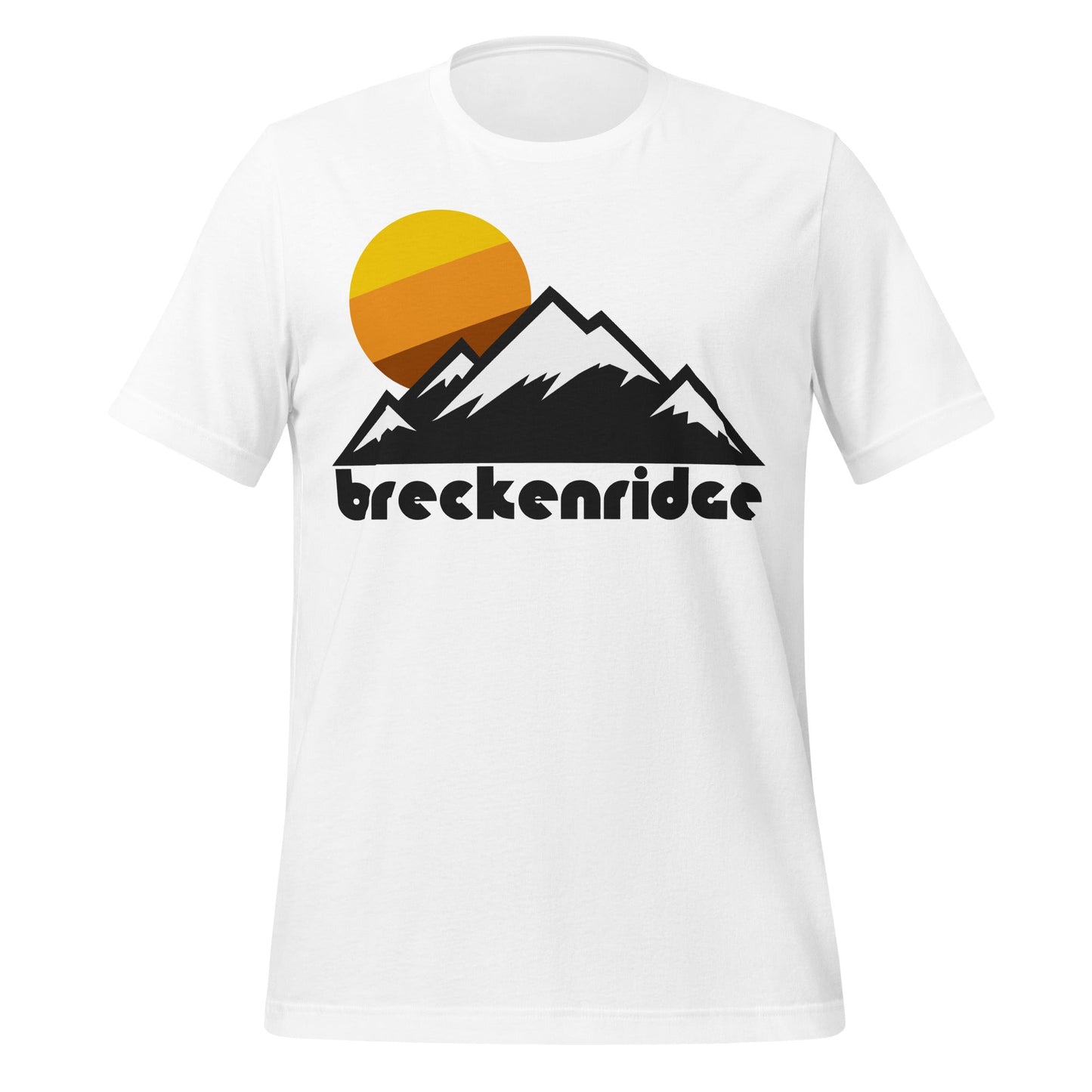 A retro, 80s style white colored t-shirt that says 'Breckenridge' underneath a mountainous landscape image with a beautiful warm colored sun setting in the distance. In reference to Breckenridge Resort, popular for tourists, skiers, and snowboarders and famous for having the tallest chairlift in all of North America.