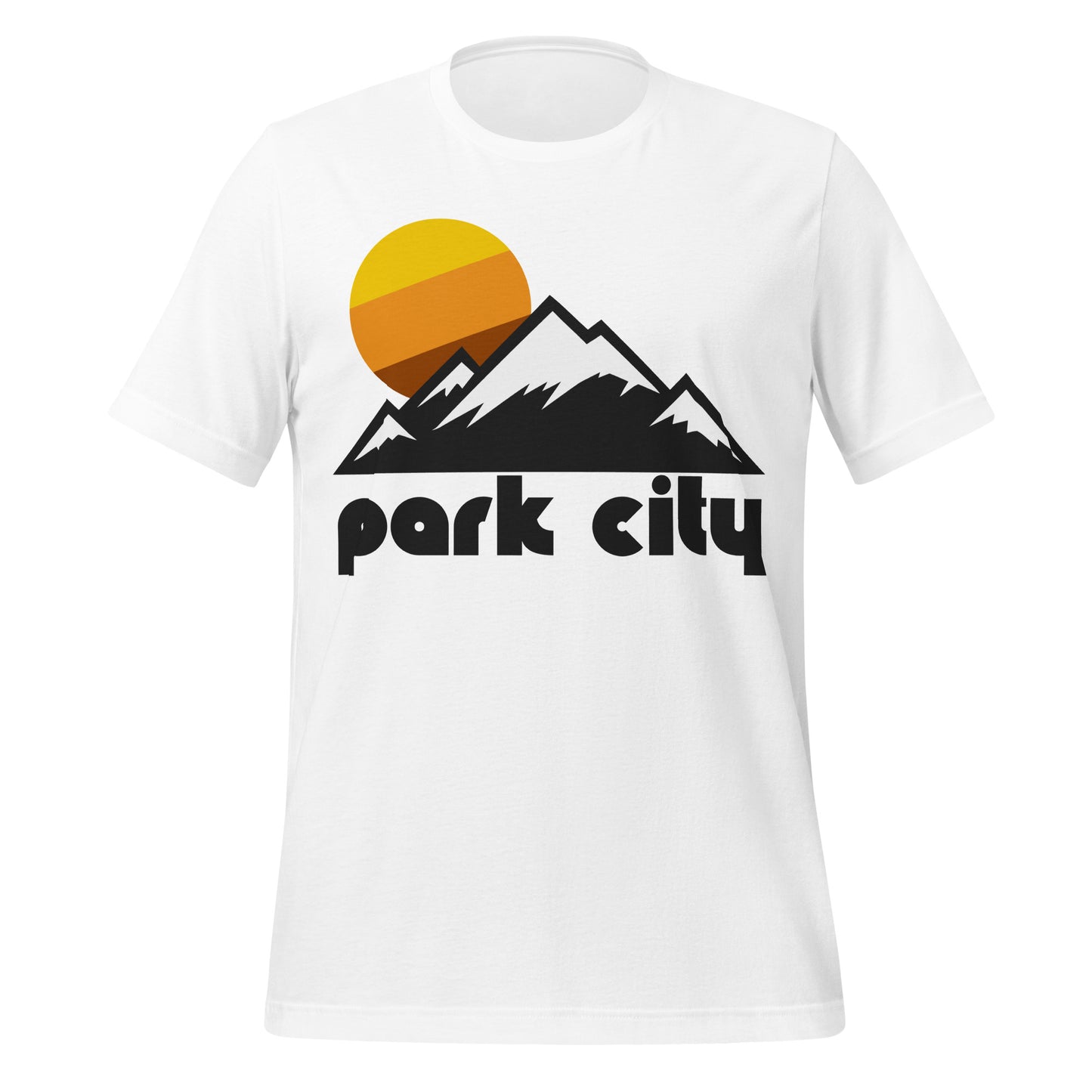 A retro, 80s style white colored t-shirt that says "Park City" under the image of a mountain range with snow covered peaks and a setting yellow, orange, and brown sun. References Park City Mountain Resort - known as the largest ski resort in the US - a famous destination for mountaineers, hikers, and skiers in the Wasatch Mountains.