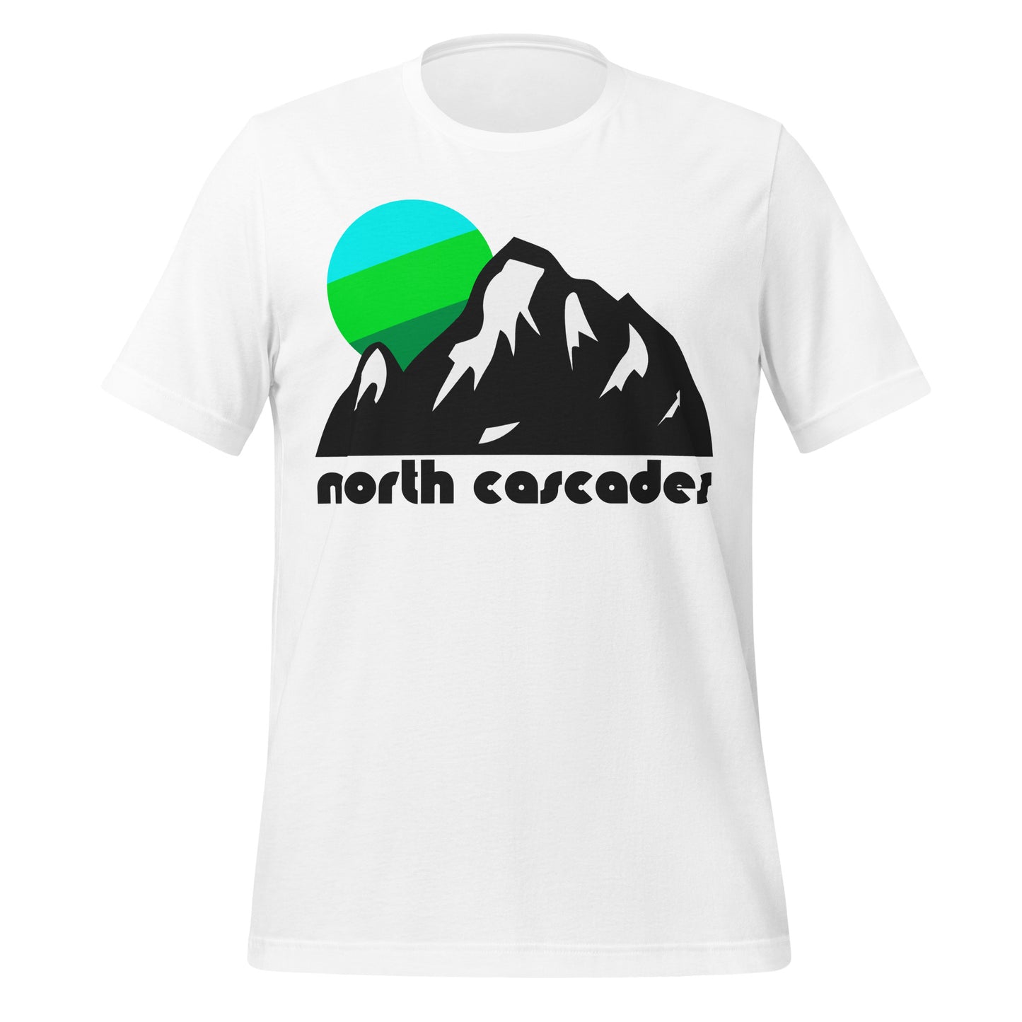 A vintage, white colored short sleeve t-shirt that says "North Cascades" underneath mountains with their sides snow covered and an aqua blue, bright green, and forest green colored sun setting in the distance. References North Cascades National Park in Washington State, known for having the most glaciers in any US park outside of Alaska.