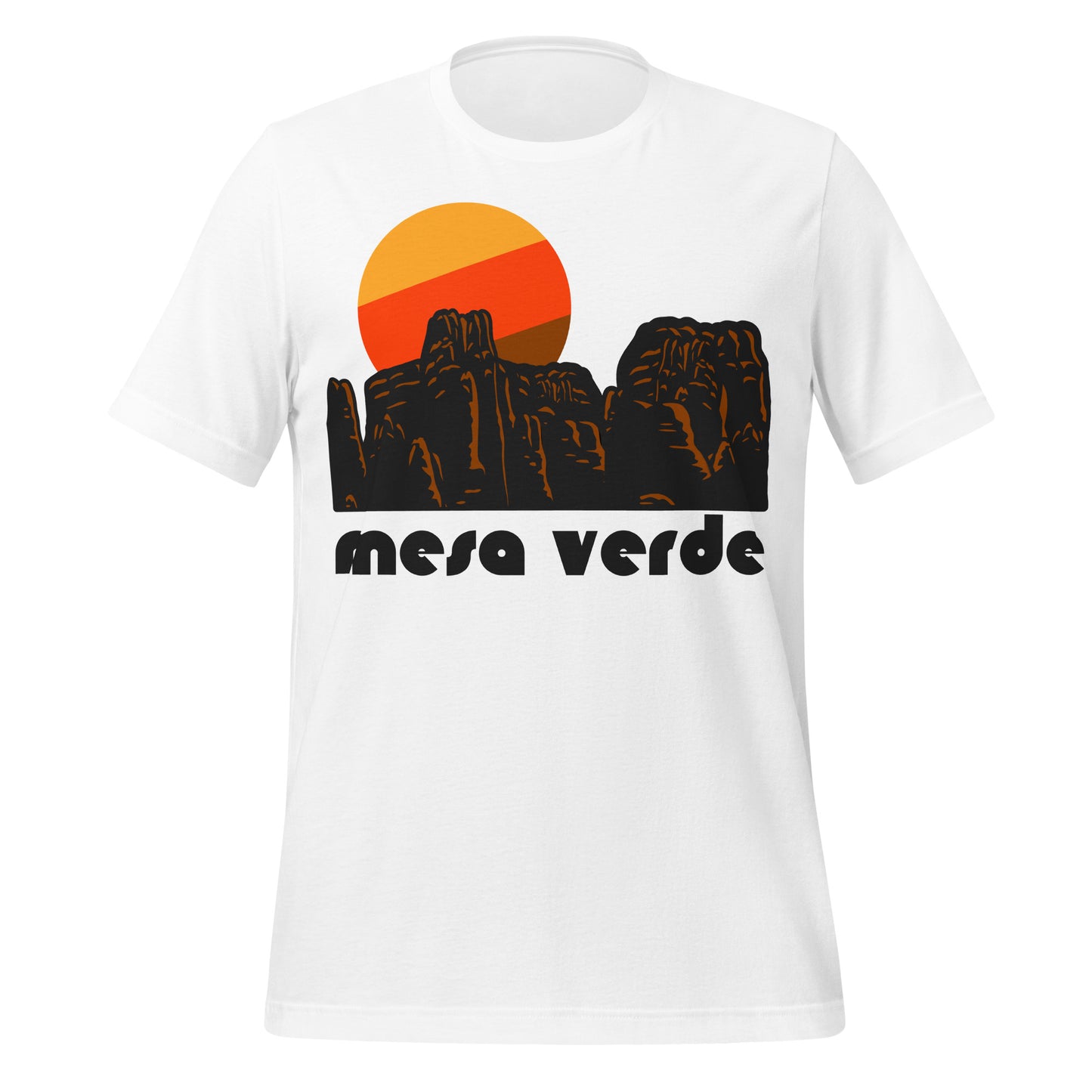 A retro, 70s style white t-shirt that says 'mesa verde' under a red granite rock landscape and an orange, red, and brown sun rising in the distance. References Mesa Verde National Park in Montezuma County, Colorado, on the Colorado Plateau, famous for the prehistoric settlements from the Ancestral Puebloan culture like cliff dwellings.