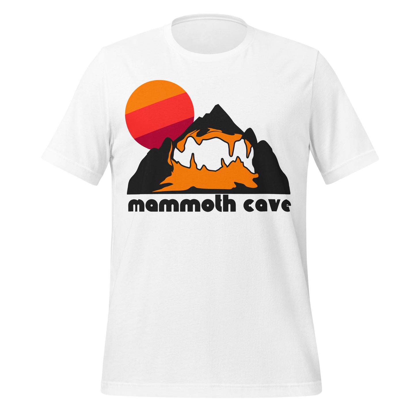 A retro, vintage white t-shirt that says "mammoth cave" under an image of a dark mountain with caves and trails within, and a bright, warm toned sun in orange, bright red, and magenta colors. References the famous Mammoth Cave National Park in Kentucky, famous for including the world's longest cave system and being a UNESCO World Heritage Site.