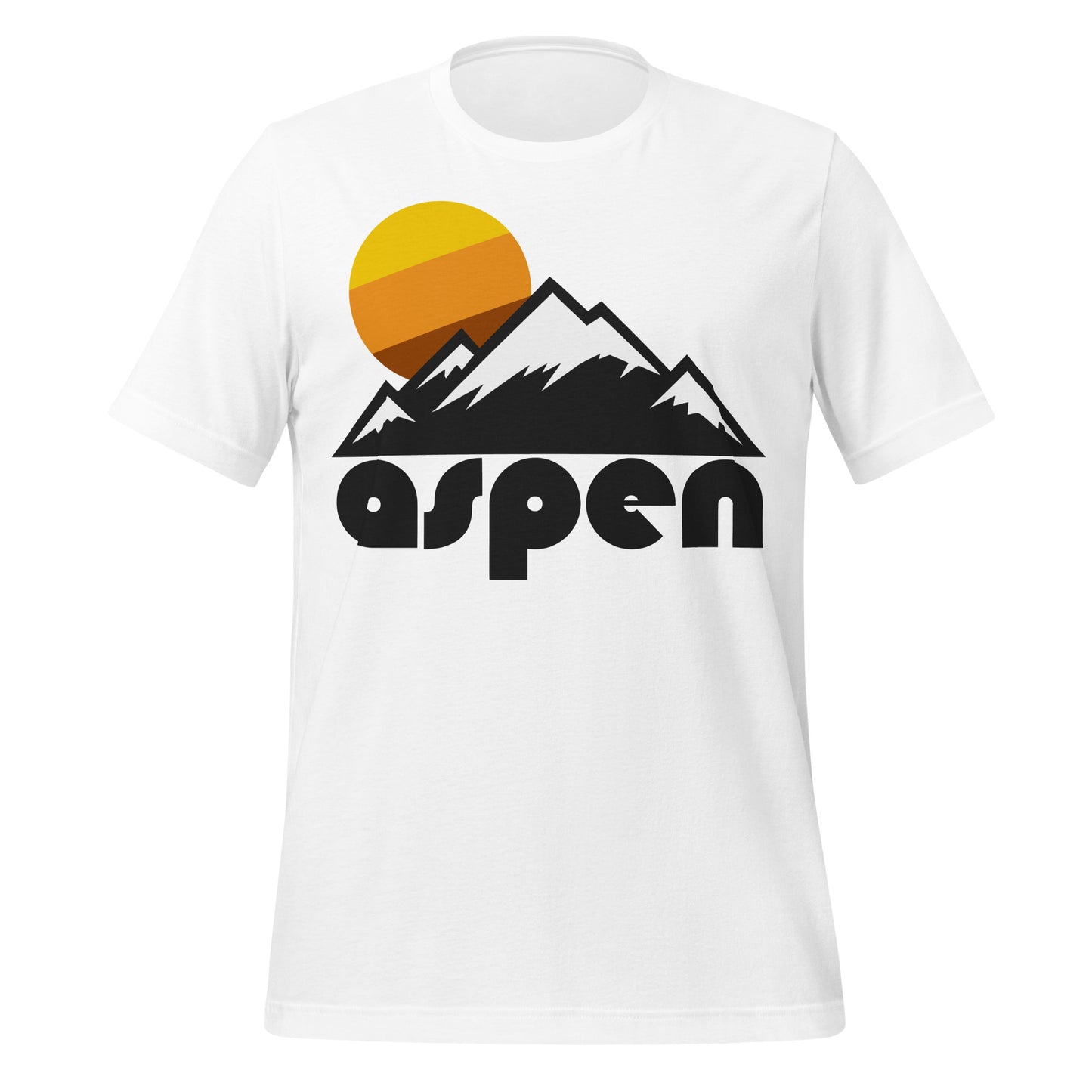 A vintage, 80s style "aspen" white colored t-shirt with the image of a mountain range, the peaks all covered with snow, and a sun in colorful colors setting behind the peaks. References Aspen, Colorado, a small mountain town including multiple ski resorts and popular for its hiking trails into the Rocky Mountains.