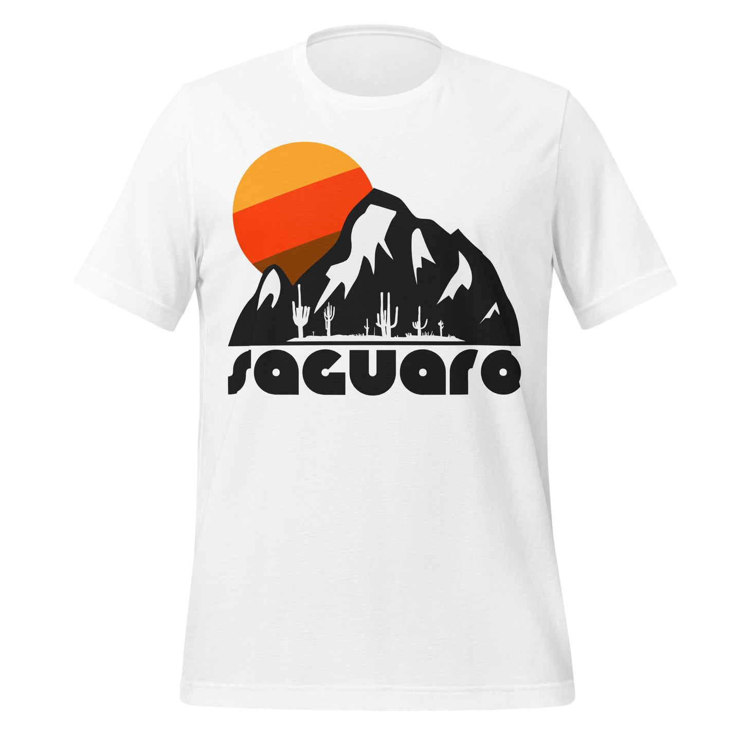 A 70s style white t-shirt that says "saguaro" on it, referencing Saguaro National Park in Pima County, Arizona, world famous for having the largest cacti in the entire nation, the symbol of the Amreican west. Includes an image of these cacti under the large expanse of a mountain, a setting yellow/orange/brown sun peaking out behind the cliffs.