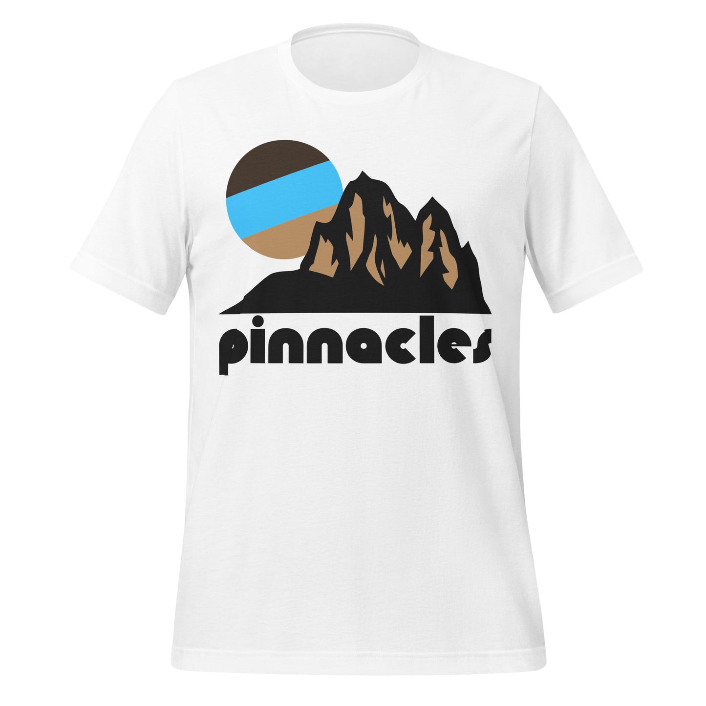 A retro, vintage 80s style white 'pinnacles' t-shirt that includes the image of a beautiful mountain with multiple peaks, a brown, blue, and light brown colored sun in the distance. References California's Pinnacles National park, known for its canyons, mountains, and unique rock formations - including the famous pinnacles themselves - incredible for rock climbing.
