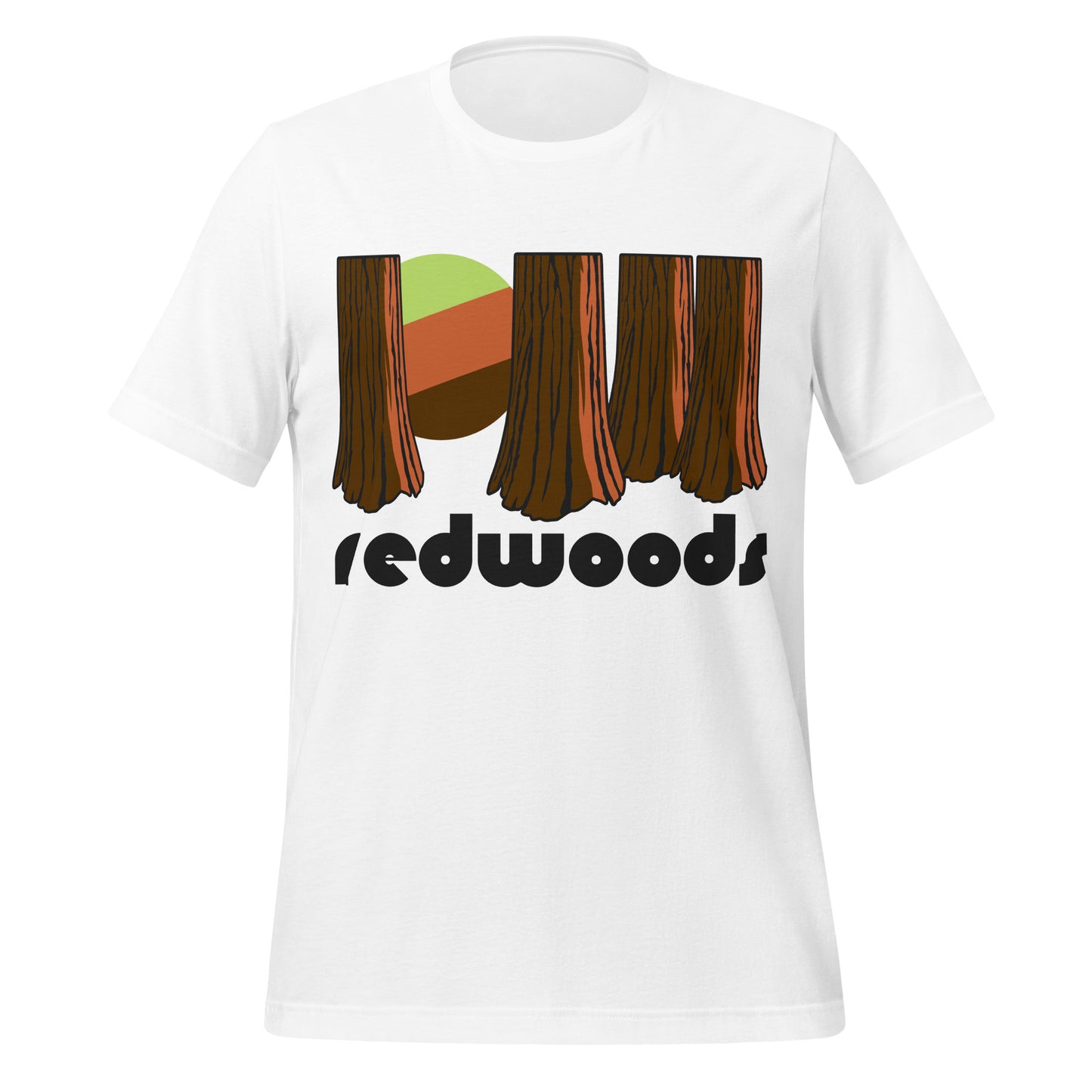 A 70s style white colored "redwoods" souvenir t-shirt with the image of multiple large redwood trees, a green and brown colored sun peaking through the forest, in reference to Redwood National and State Park in California, known around the world for have the tallest trees on Earth, as well as being a World Heritage Site.