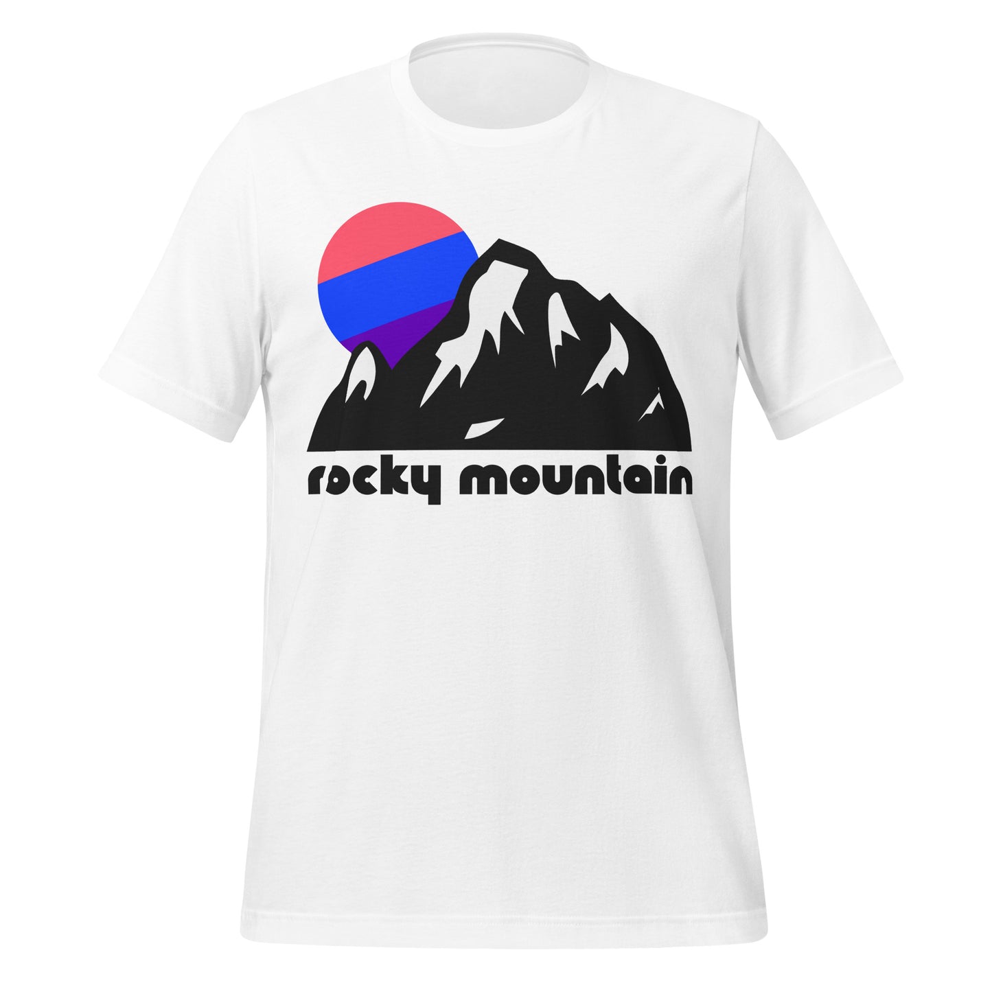 A retro, white "Rocky Mountain" short sleeved t-shirt with the image of a large mountain landscape, snow on the peaks and sides of the mountains and crags, a tricolored pink, blue, and purple sun hiding in the background. References Rocky Mountain National park in Colorado, one of the most popular hiking destinations in the US, including tons of fourteeners, stunning views, and alpine lakes.